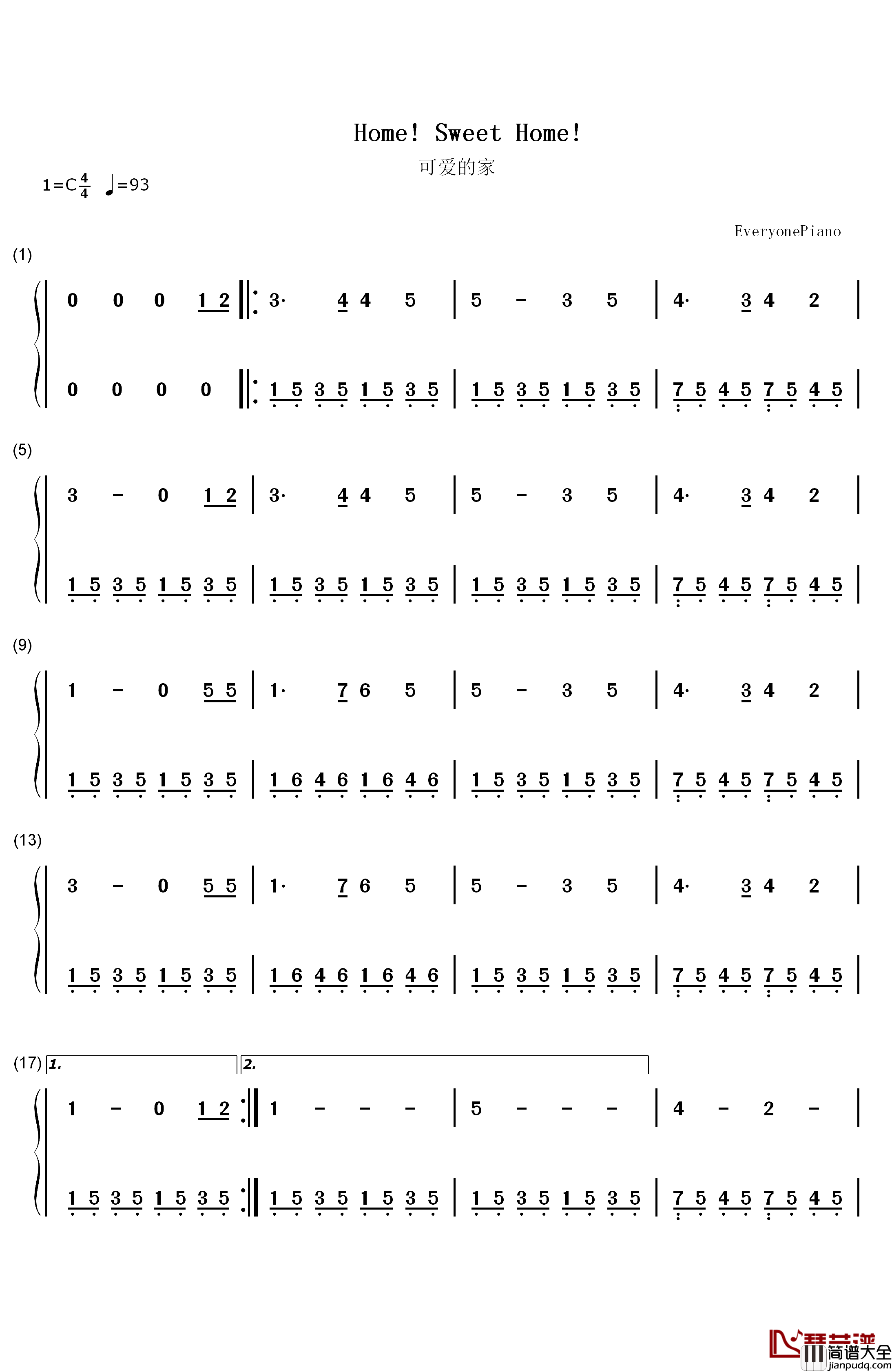 可爱的家钢琴简谱_数字双手_毕肖普