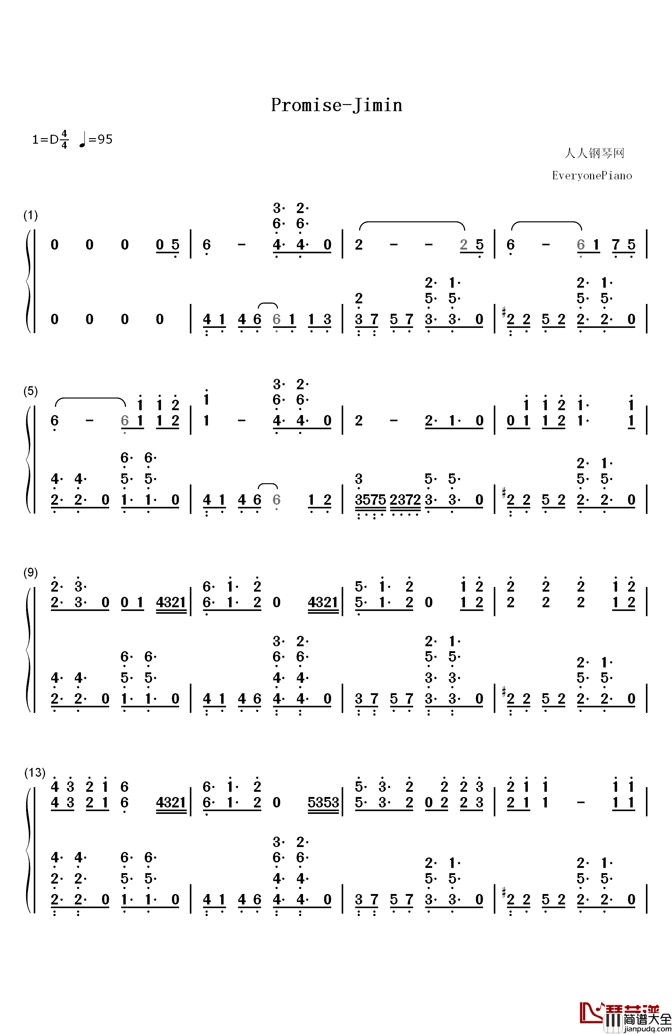 Promise钢琴简谱_数字双手_朴智旻