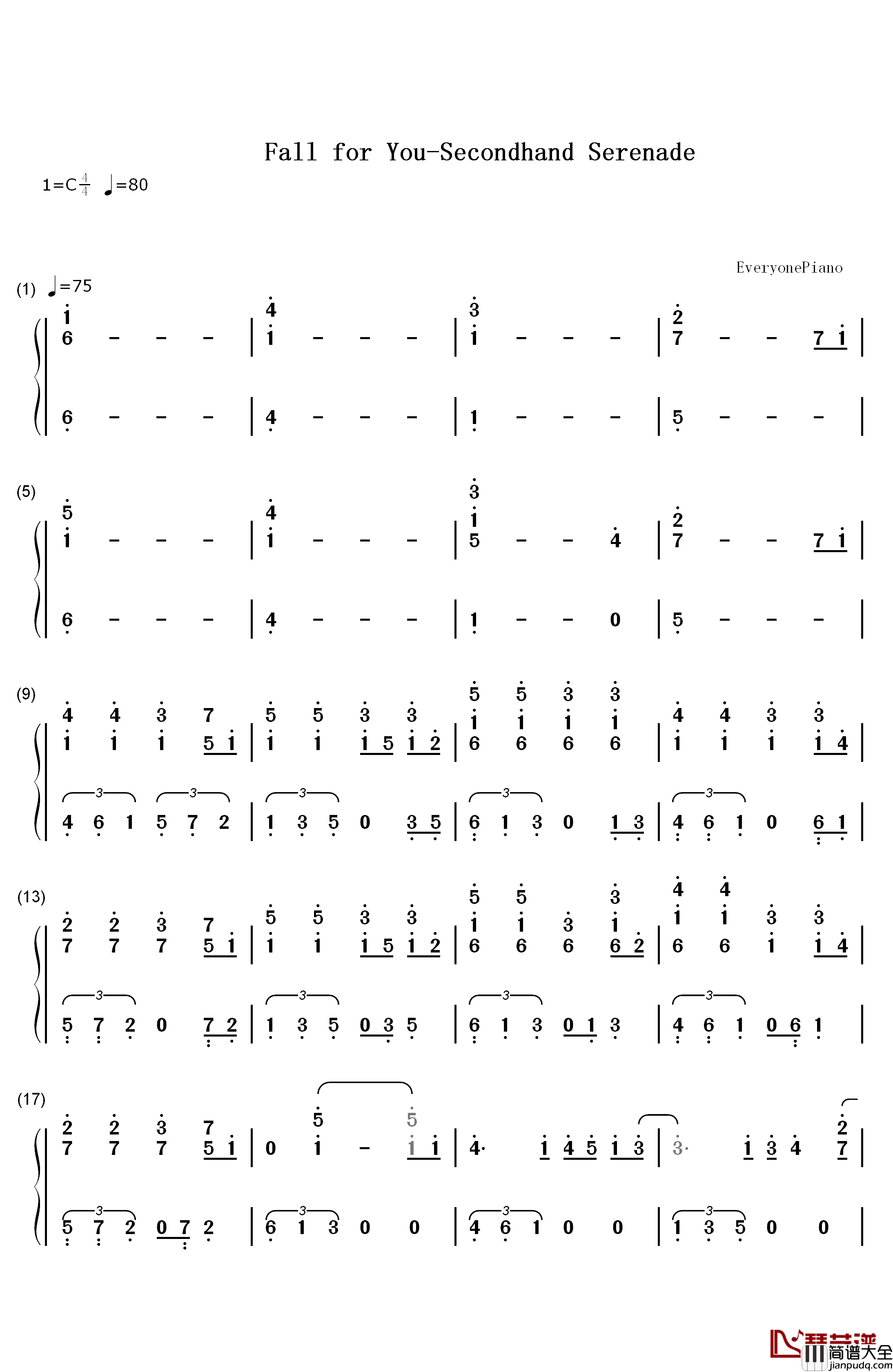 Fall_for_You钢琴简谱_数字双手_Secondhand_Serenade