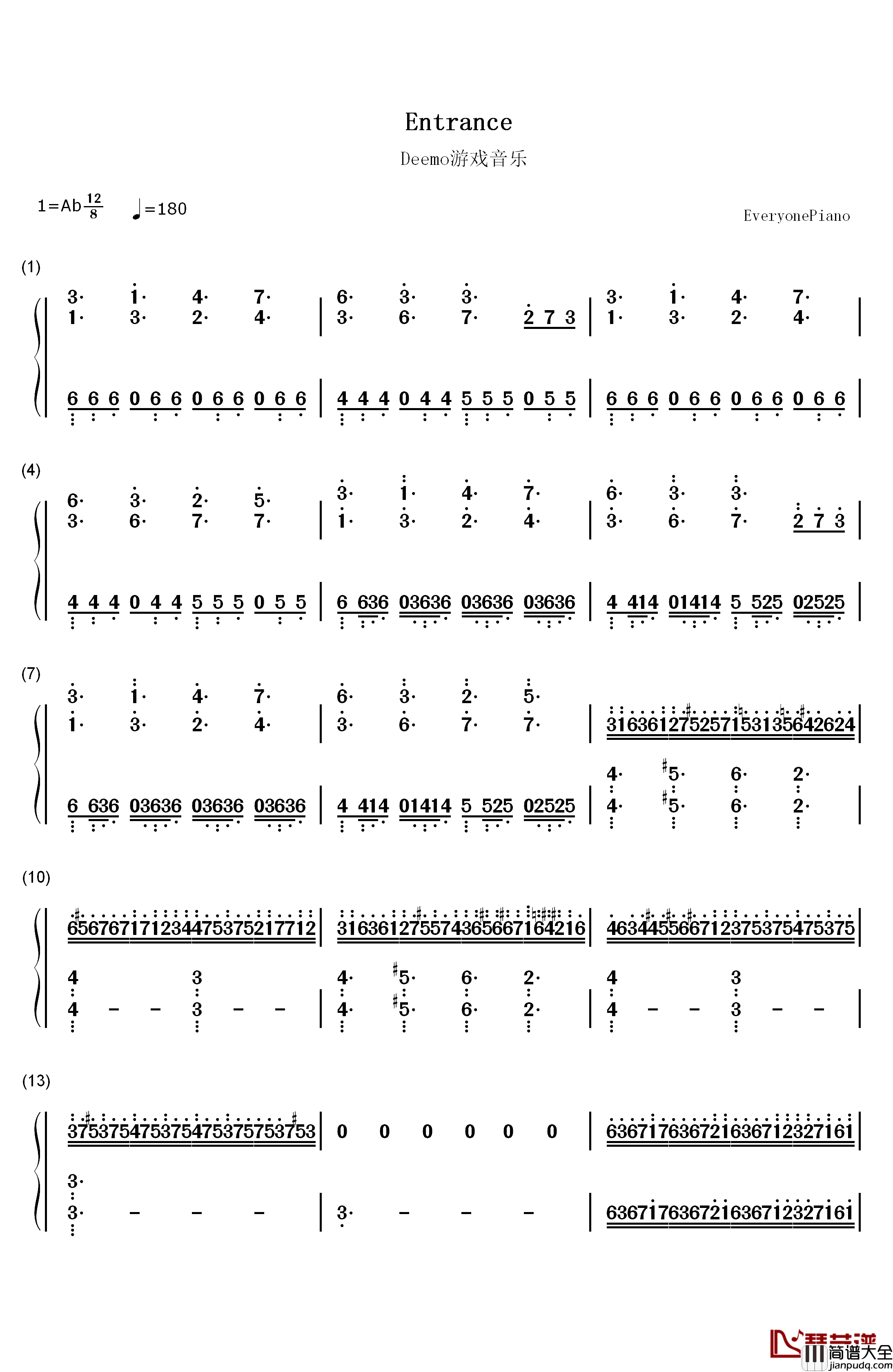 Entrance钢琴简谱_数字双手_Ice