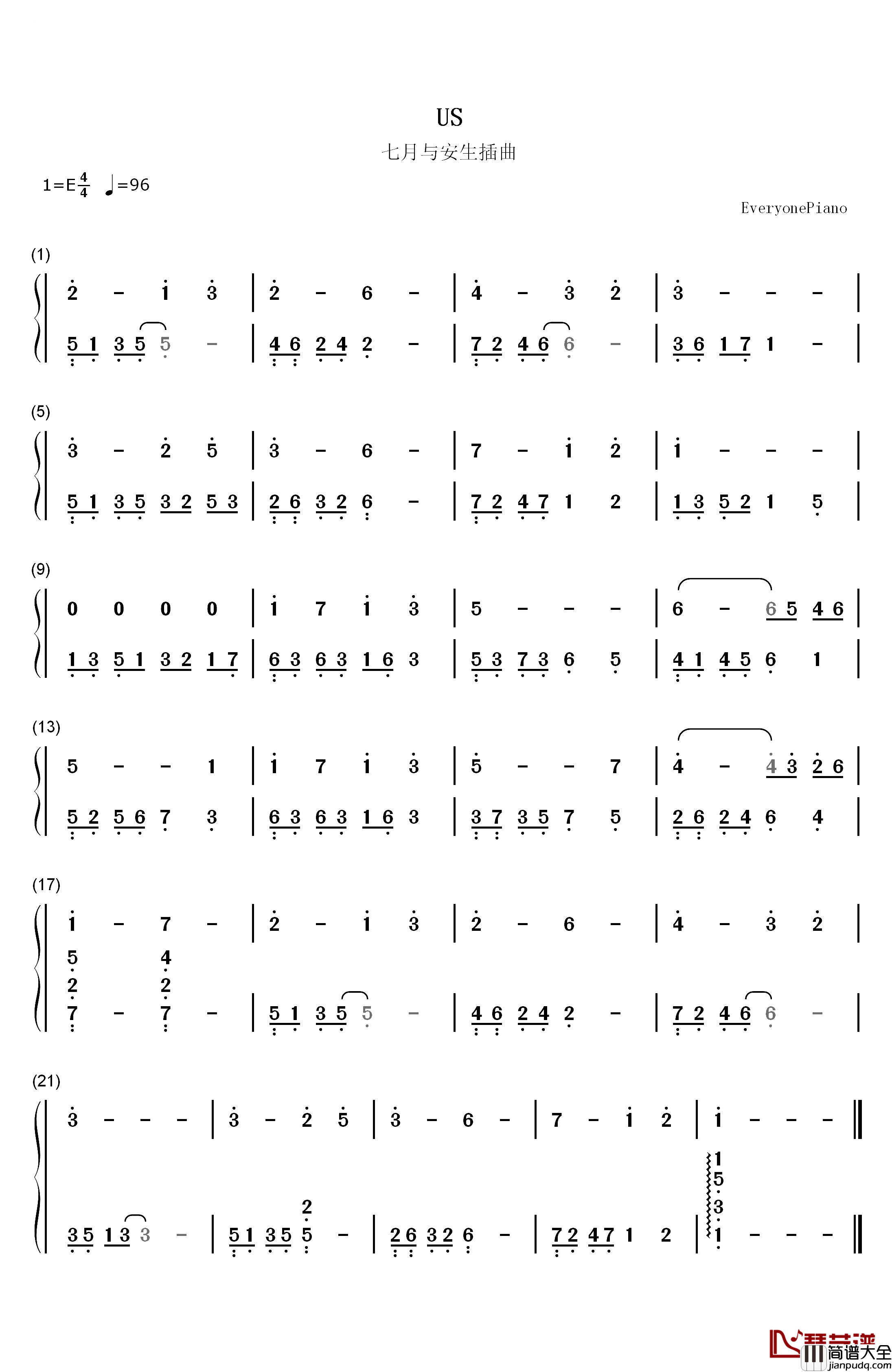 US钢琴简谱_数字双手_廖隽嘉