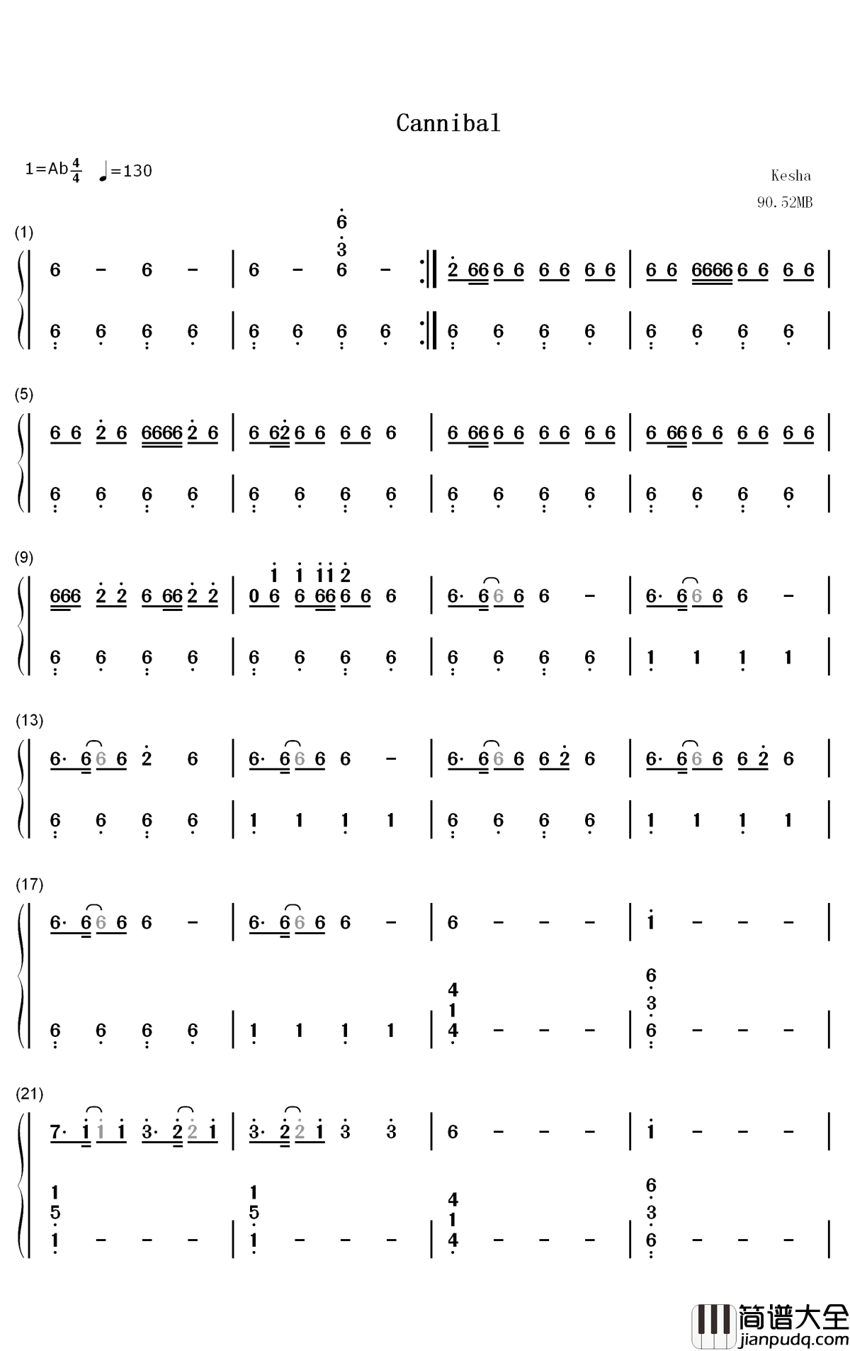 Cannibal钢琴简谱_数字双手_Kesha