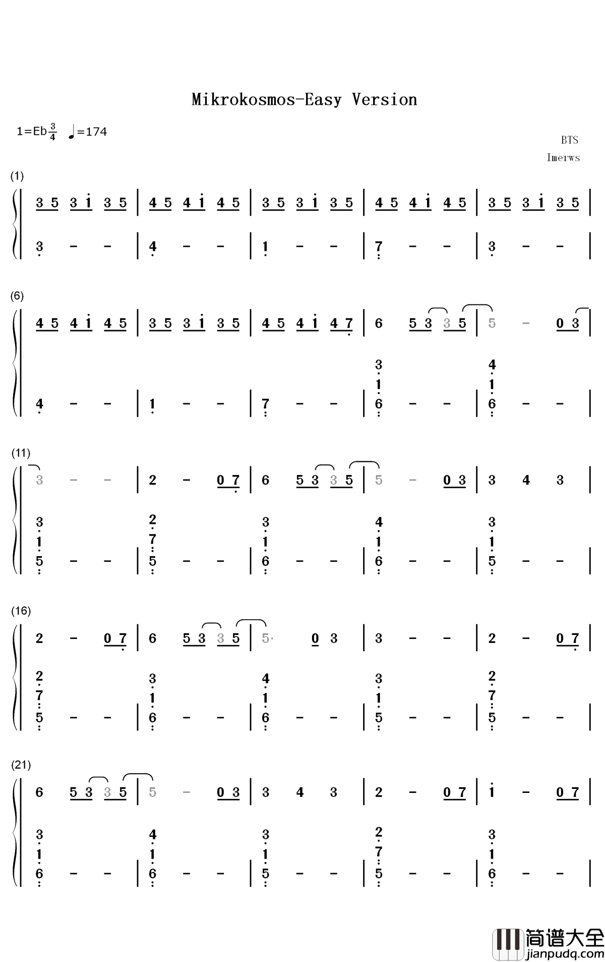 Mikrokosmos钢琴简谱_数字双手_防弹少年团