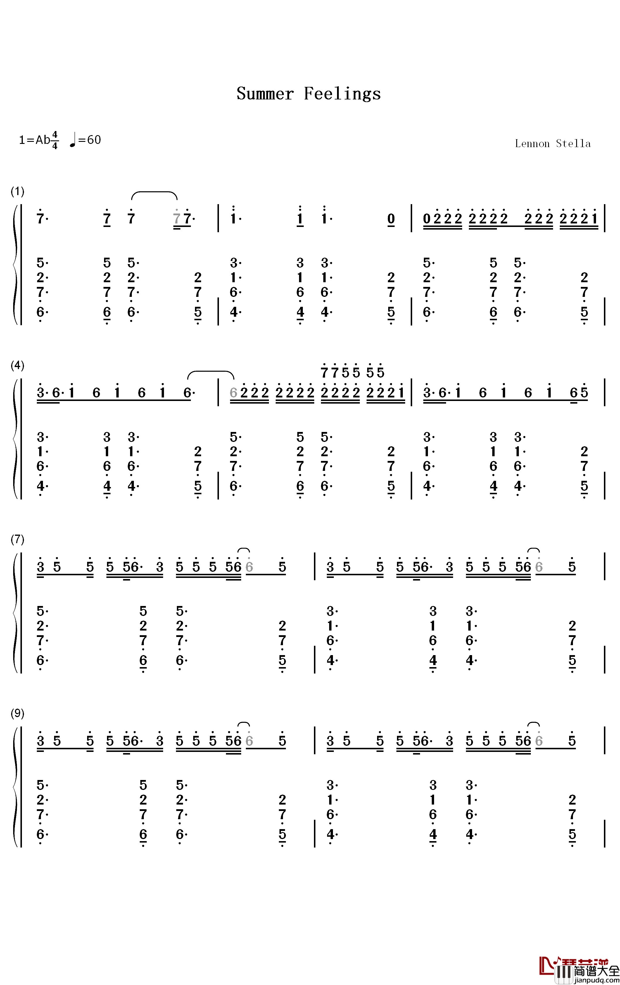 Summer_Feelings钢琴简谱_数字双手_Lennon_Stella_Charlie_Puth