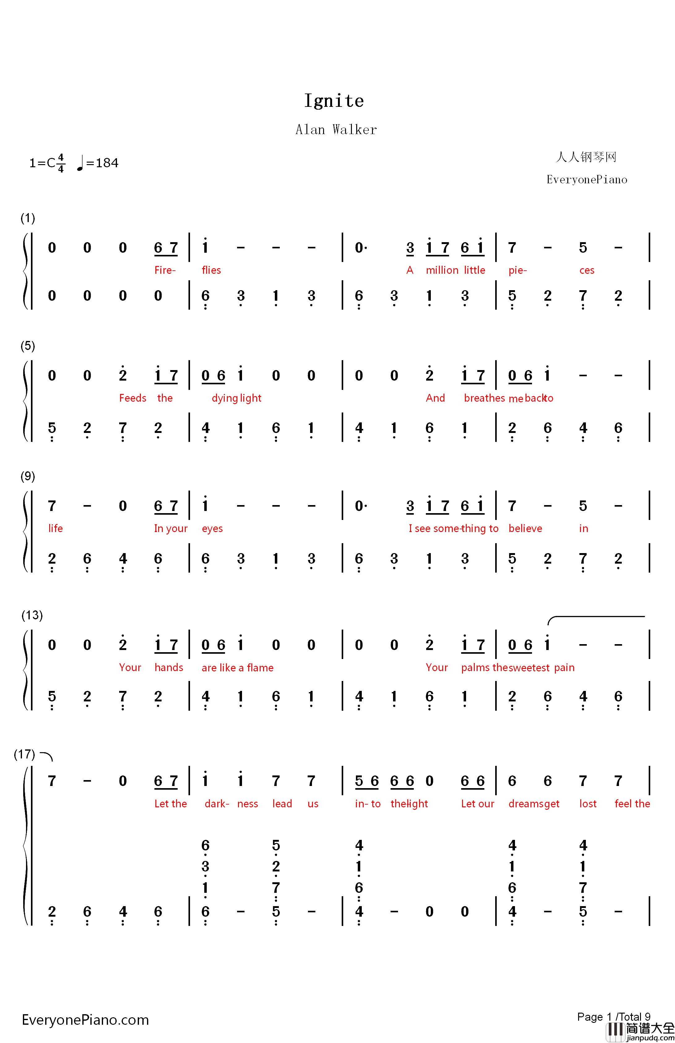 Ignite钢琴简谱_数字双手_Alan_Walker