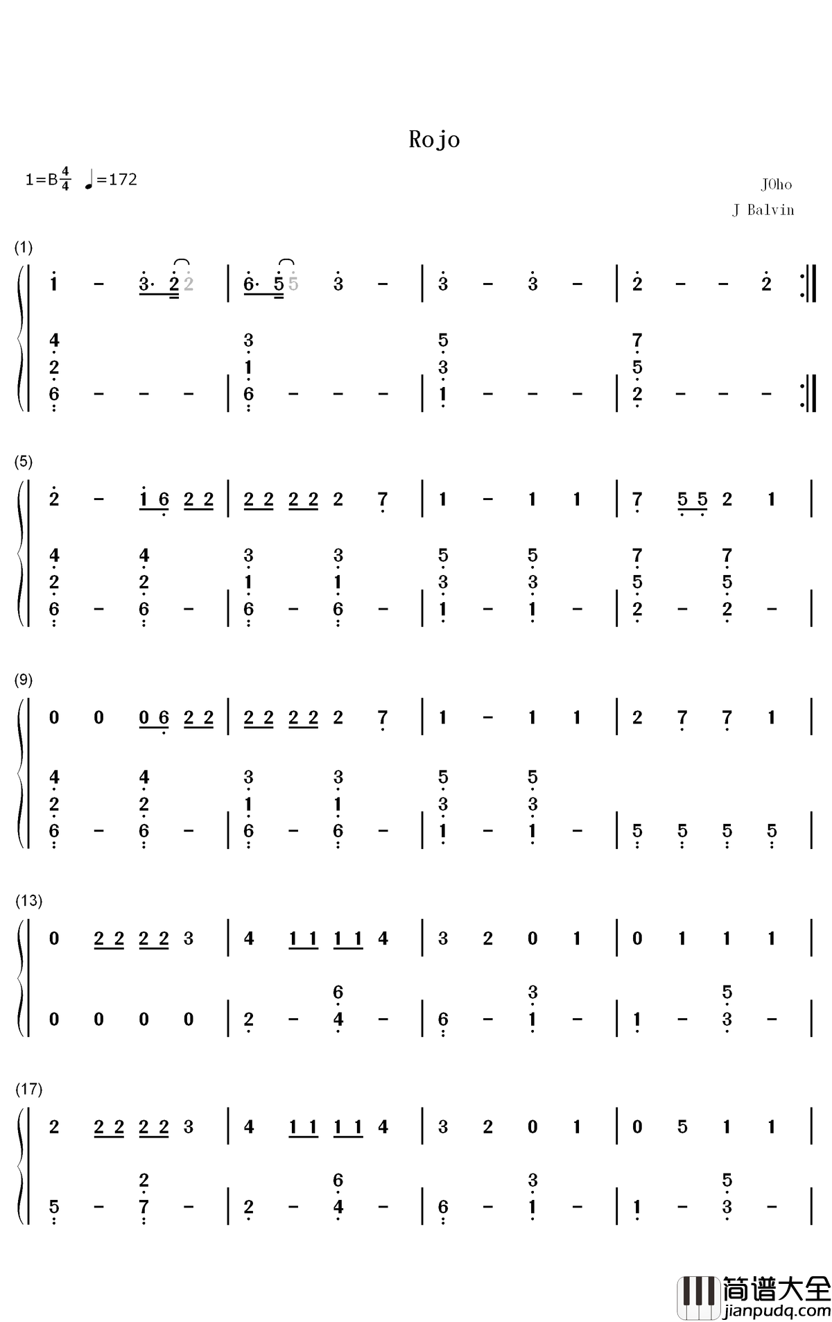 Rojo钢琴简谱_数字双手_J_Balvin