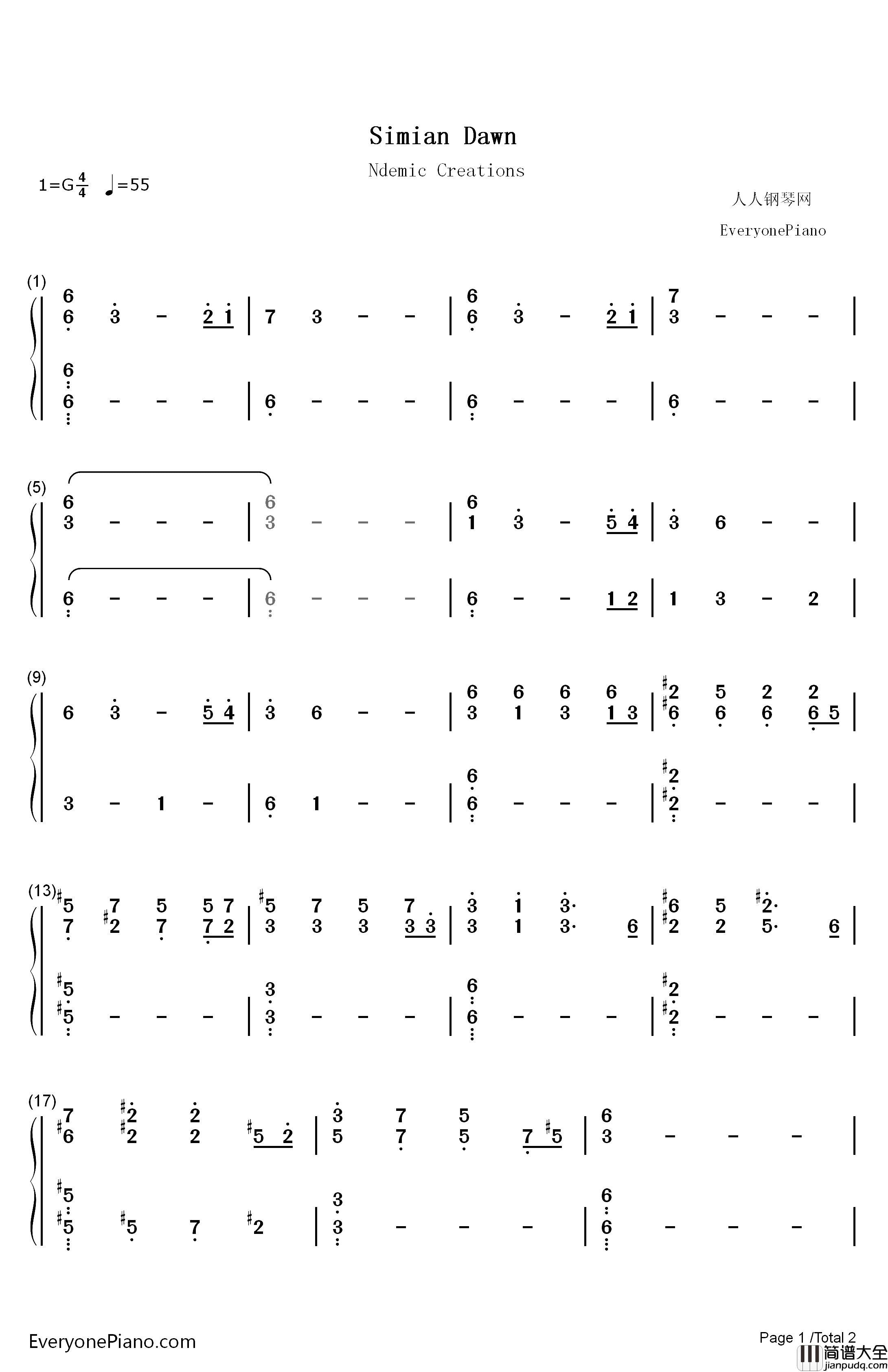 Simian_Dawn钢琴简谱_数字双手_Ndemic_Creations