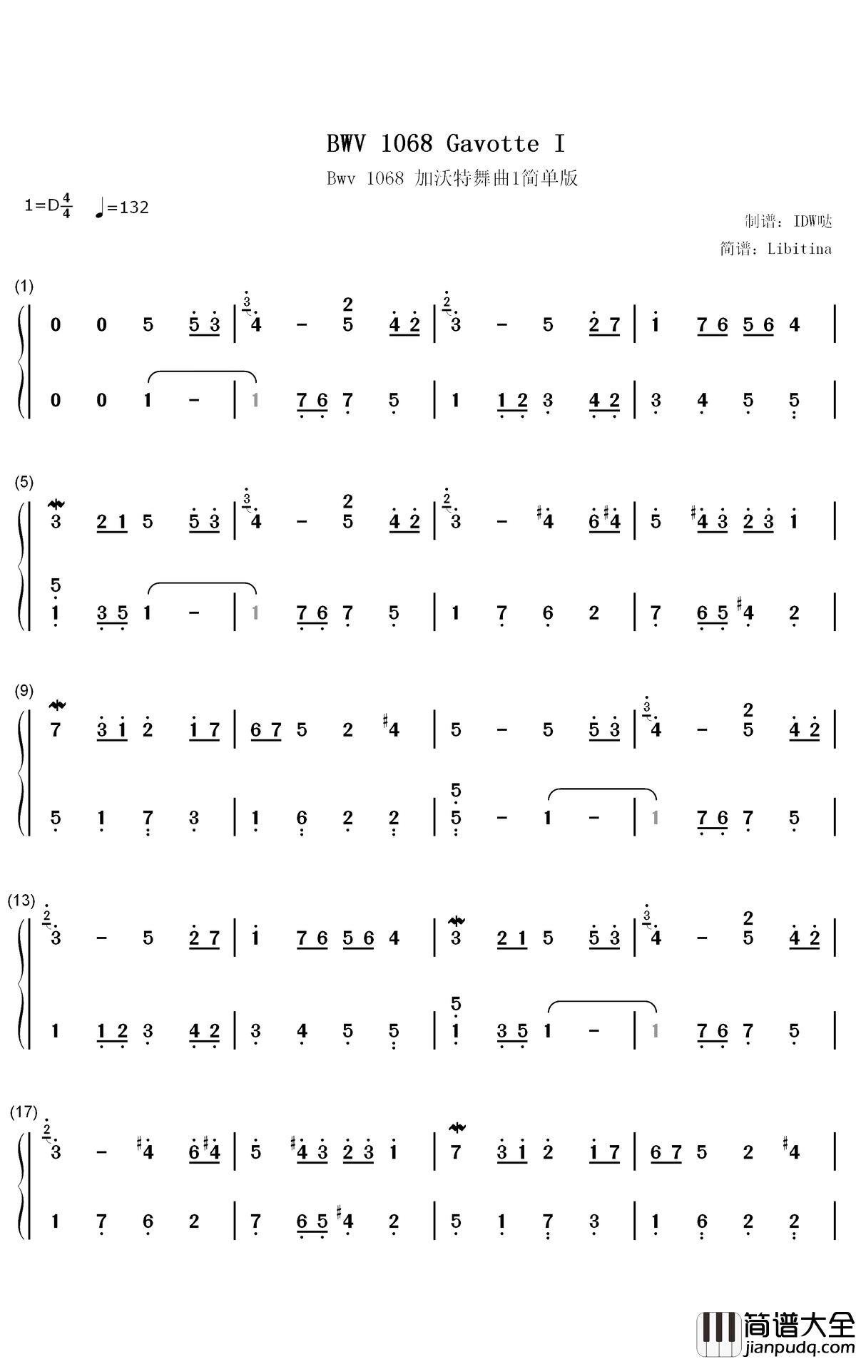 BWV_1068简谱_巴赫歌曲_数字双手曲谱