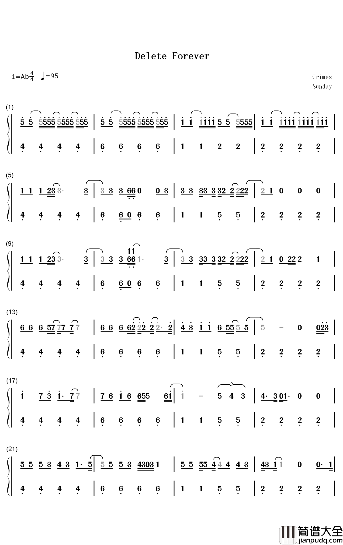 Delete_Forever钢琴简谱_Grimes歌曲_数字双手曲谱