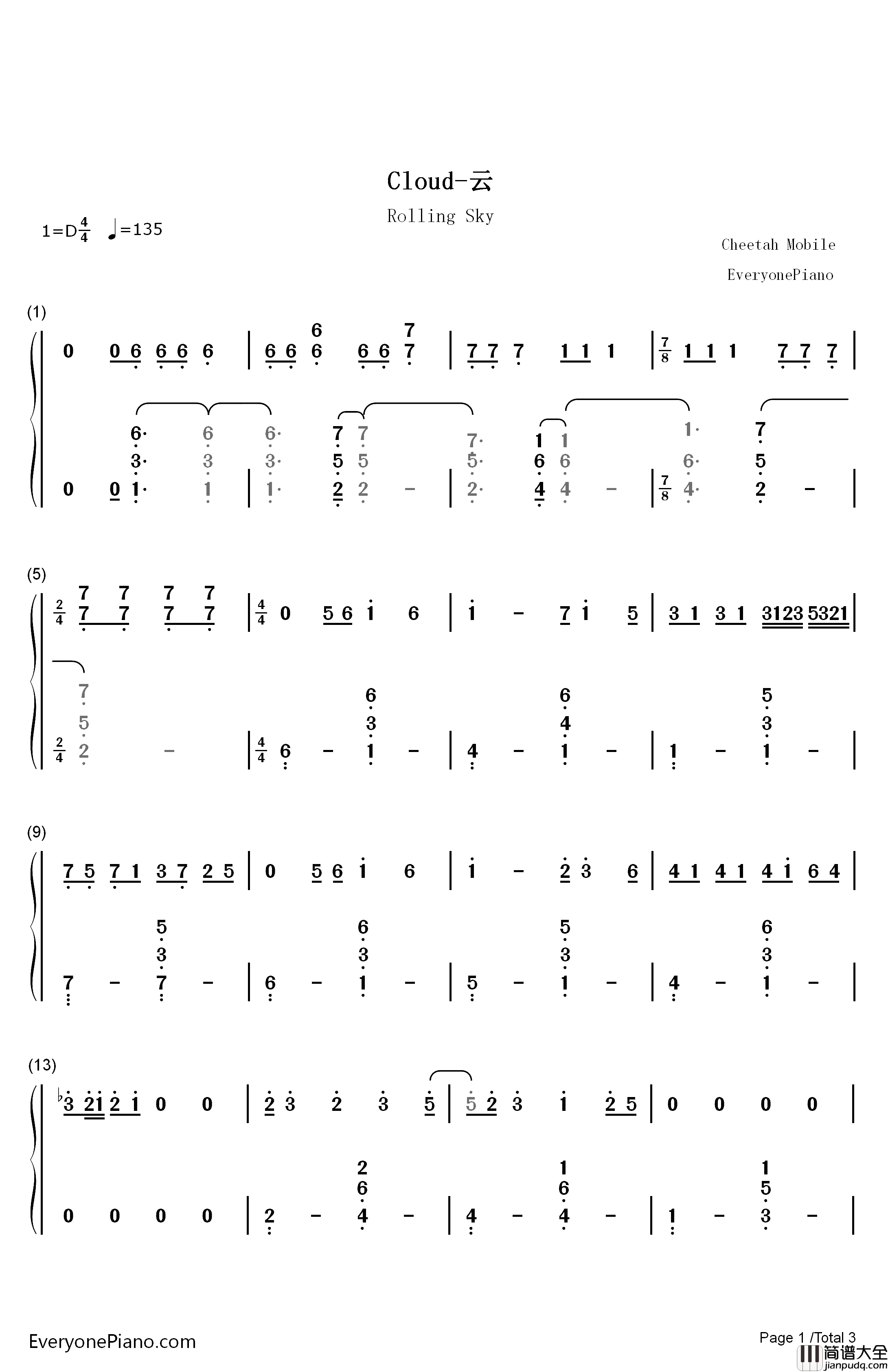 Cloud钢琴简谱_数字双手_Cheetah_Mobile