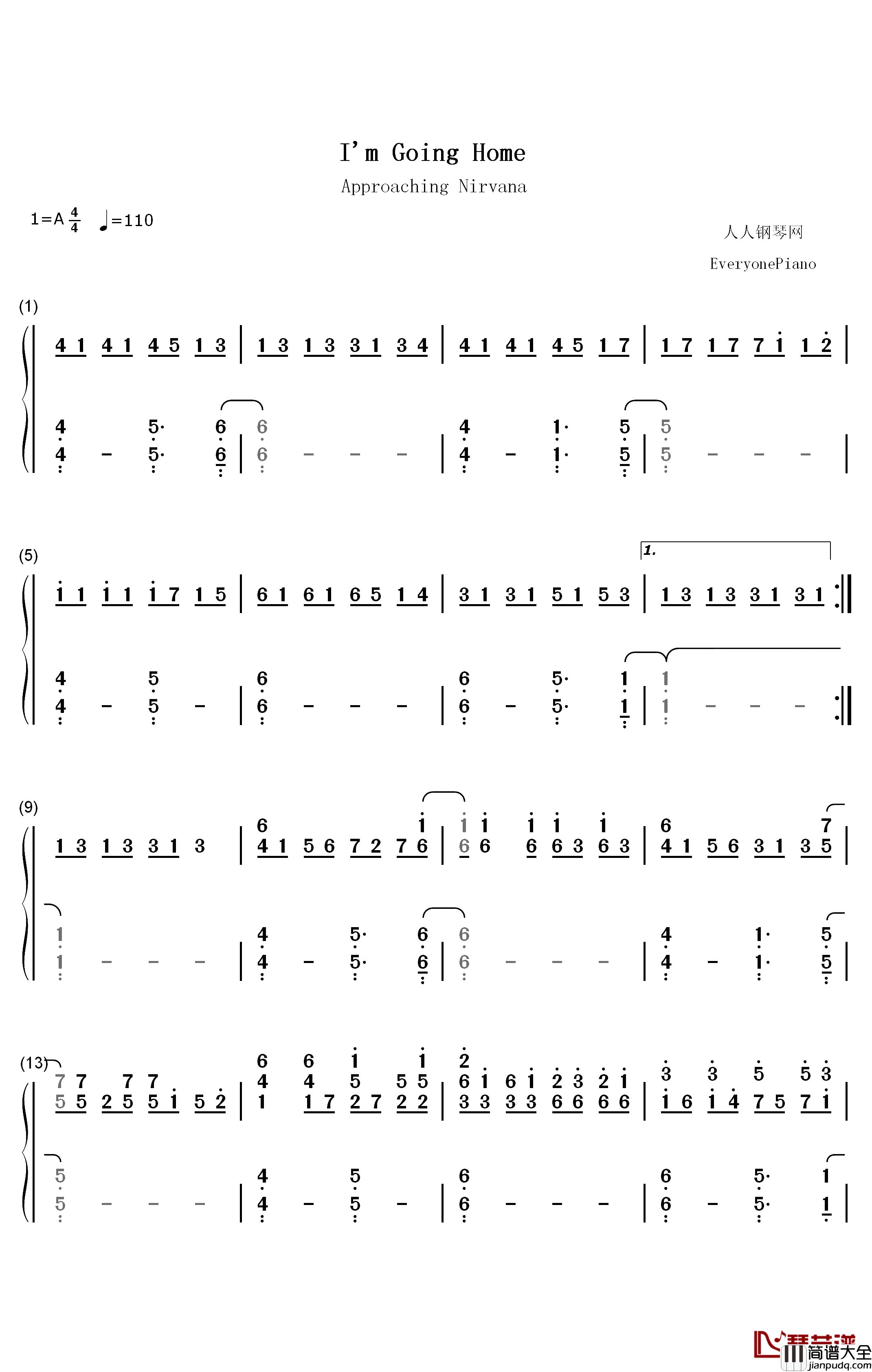 Im_Going_Home钢琴简谱_数字双手_Approaching_Nirvana