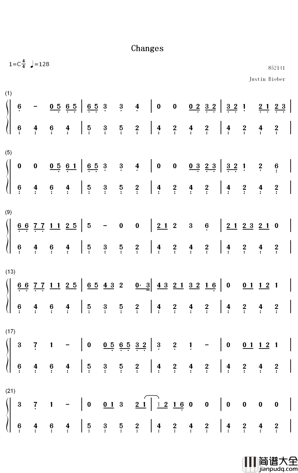 Changes钢琴简谱_数字双手_Justin_Bieber