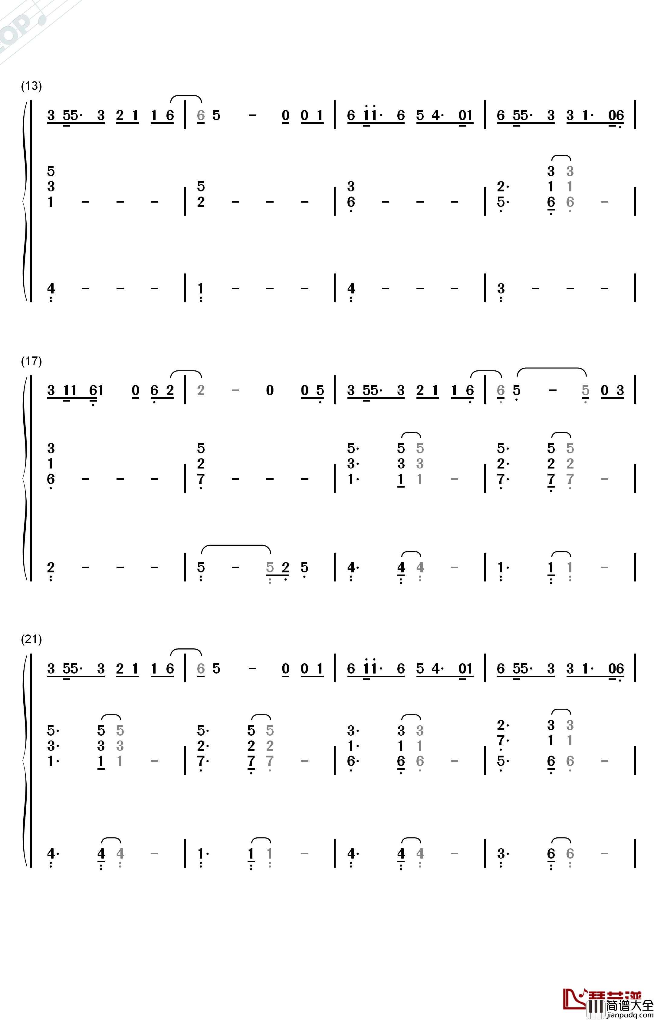 18钢琴简谱_数字双手_邓紫棋