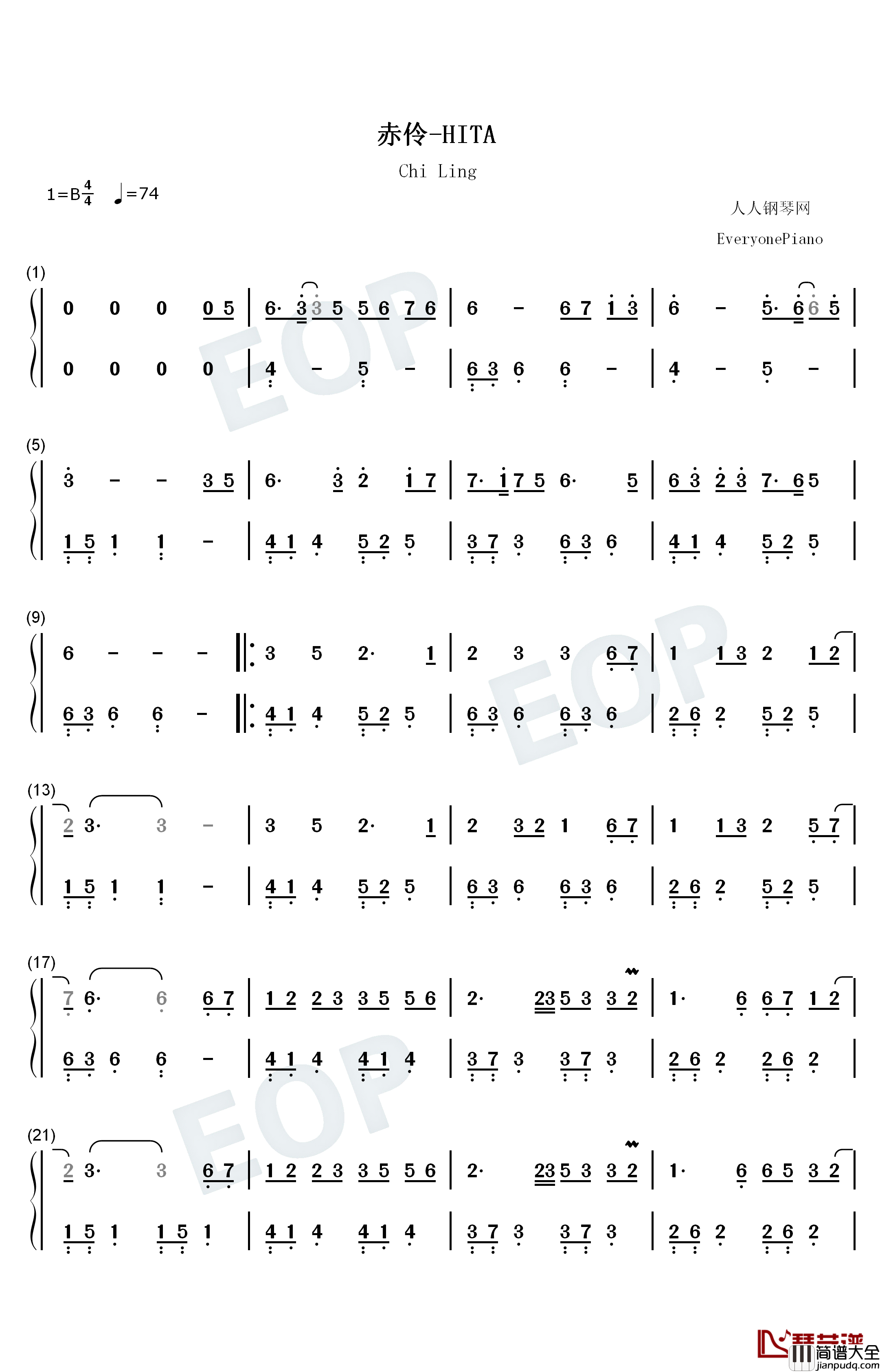 赤伶钢琴简谱_数字双手_HITA