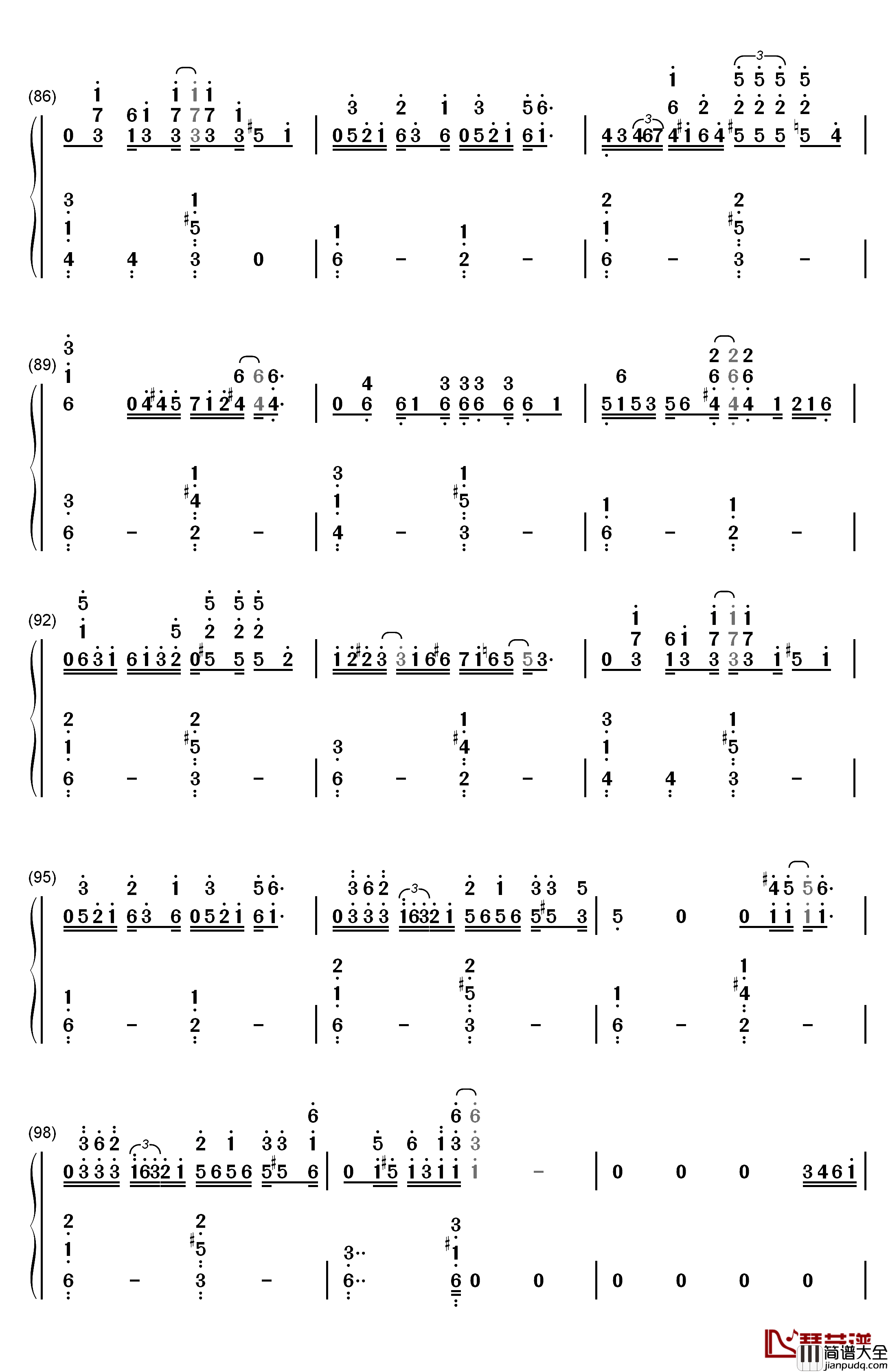 点星钢琴简谱_数字双手_MT1990