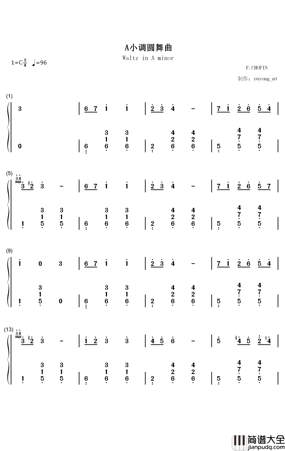 A小调圆舞曲钢琴简谱_数字双手_肖邦