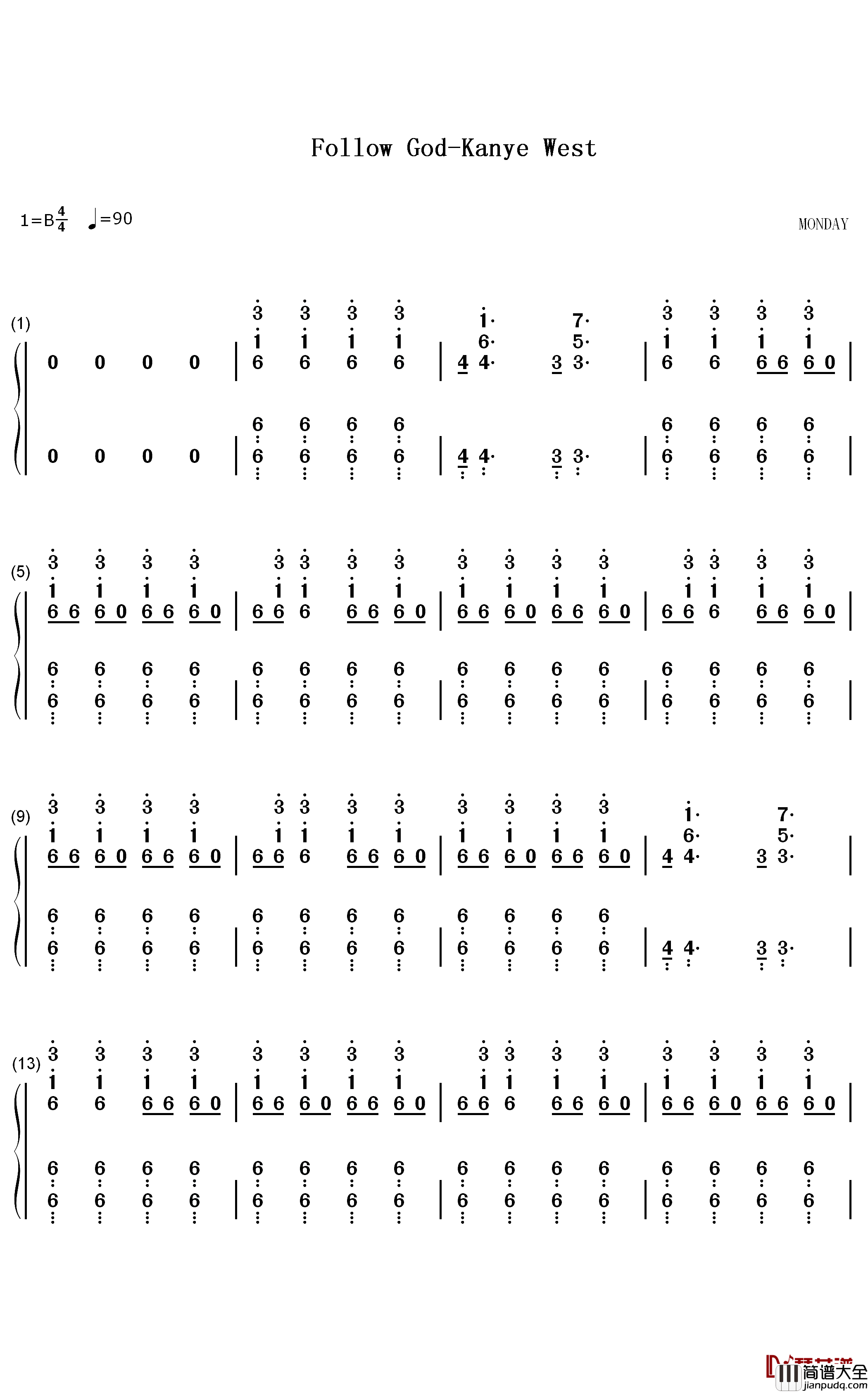 Follow_God钢琴简谱_数字双手_Kanye_West