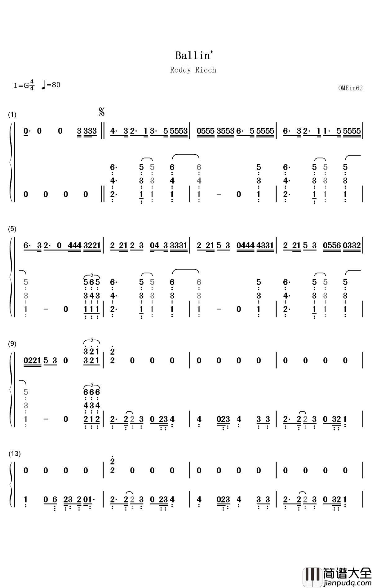 Ballin钢琴简谱_数字双手_Mustard_Roddy_Ricch