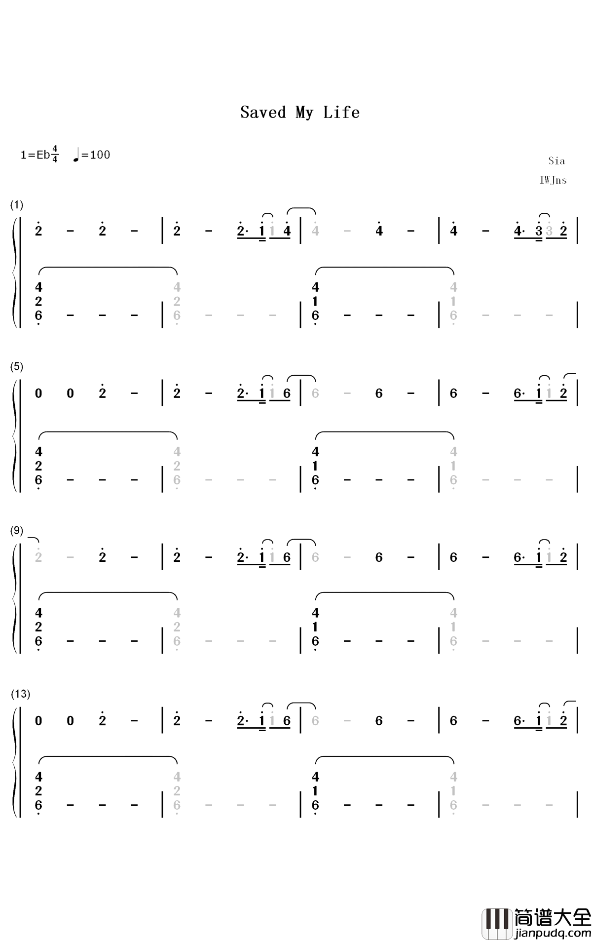 Saved_My_Life钢琴简谱_数字双手_Sia