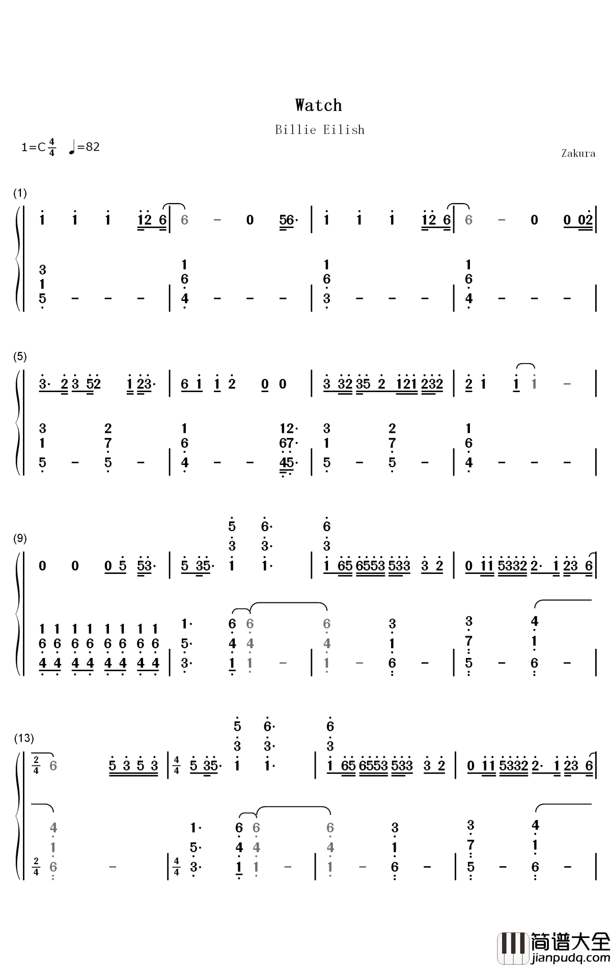 Watch钢琴简谱_数字双手_Billie_Eilish