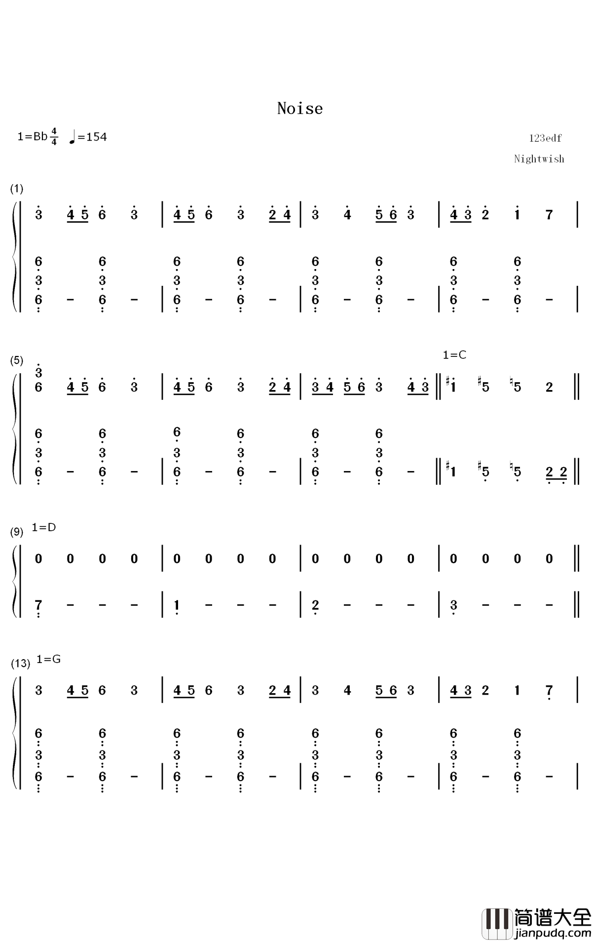 Noise钢琴简谱_数字双手_Nightwish