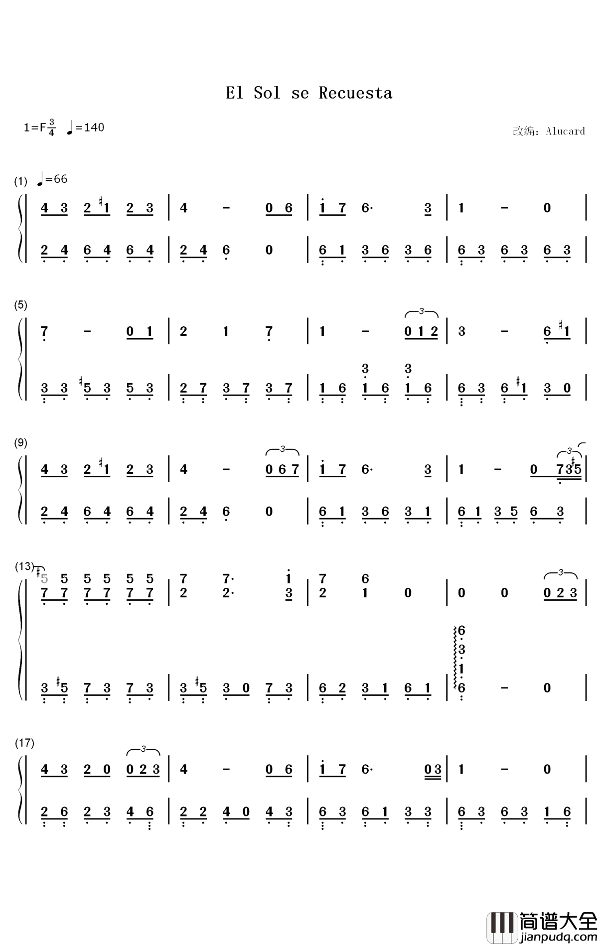 El_Sol_se_Recuesta钢琴简谱_数字双手_Edison