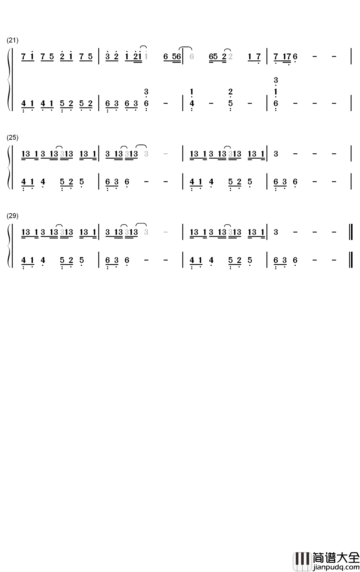 一吻天荒钢琴简谱_数字双手_胡歌