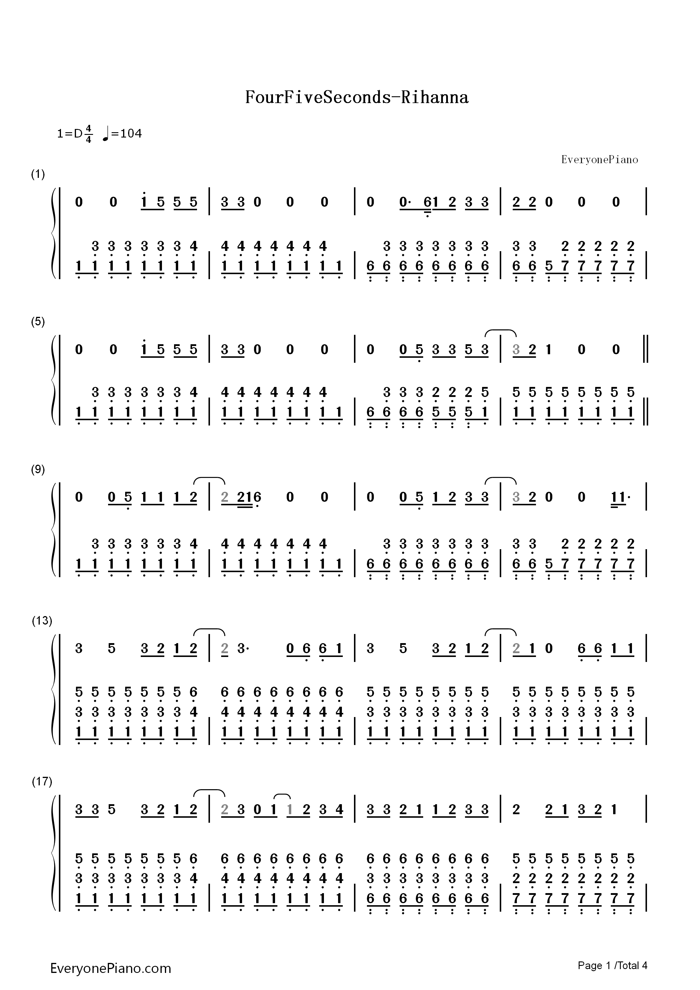 FourFiveSeconds钢琴简谱_Rihanna演唱