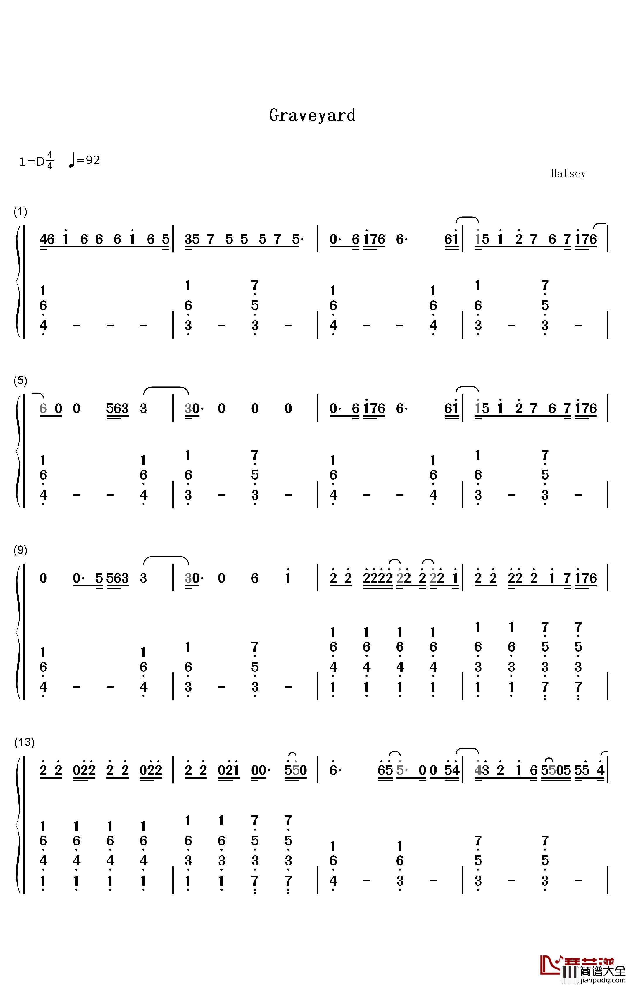 Graveyard钢琴简谱_数字双手_Halsey