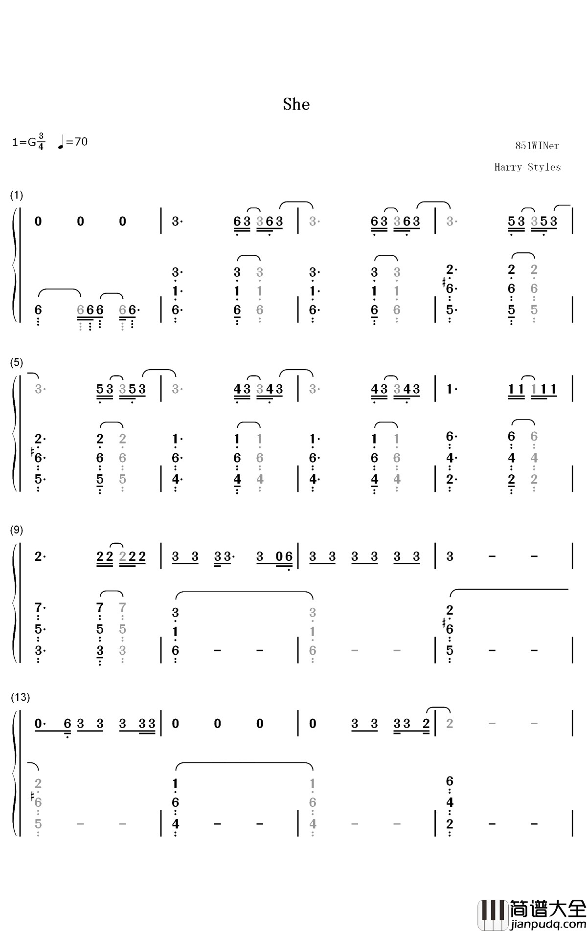 She钢琴简谱_数字双手_Harry_Styles