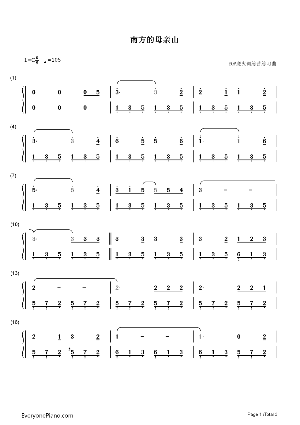 南方的母亲山钢琴简谱_数字双手_Schürzenjäger