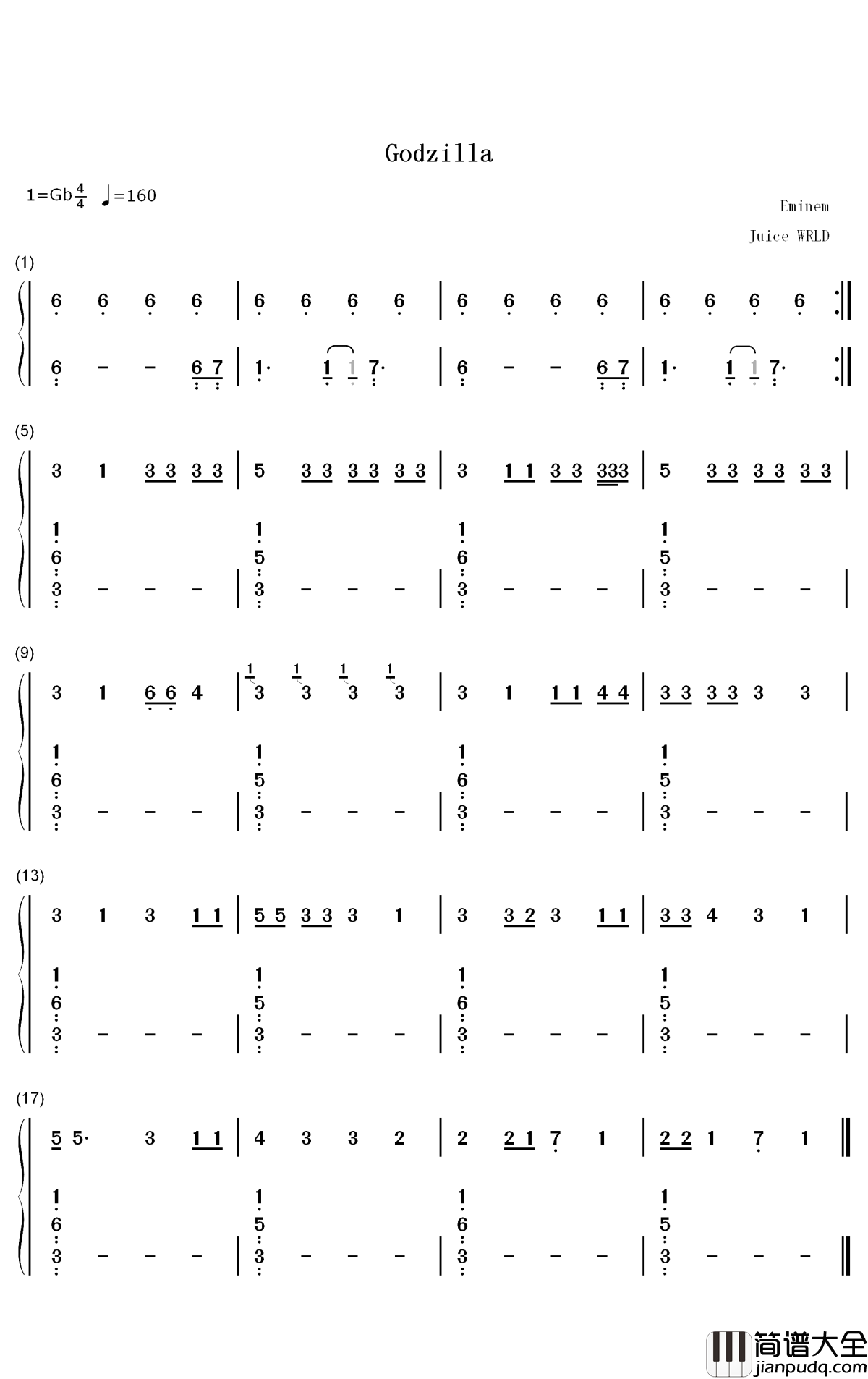 Godzilla钢琴简谱_数字双手_Eminem_Juice_Wrld