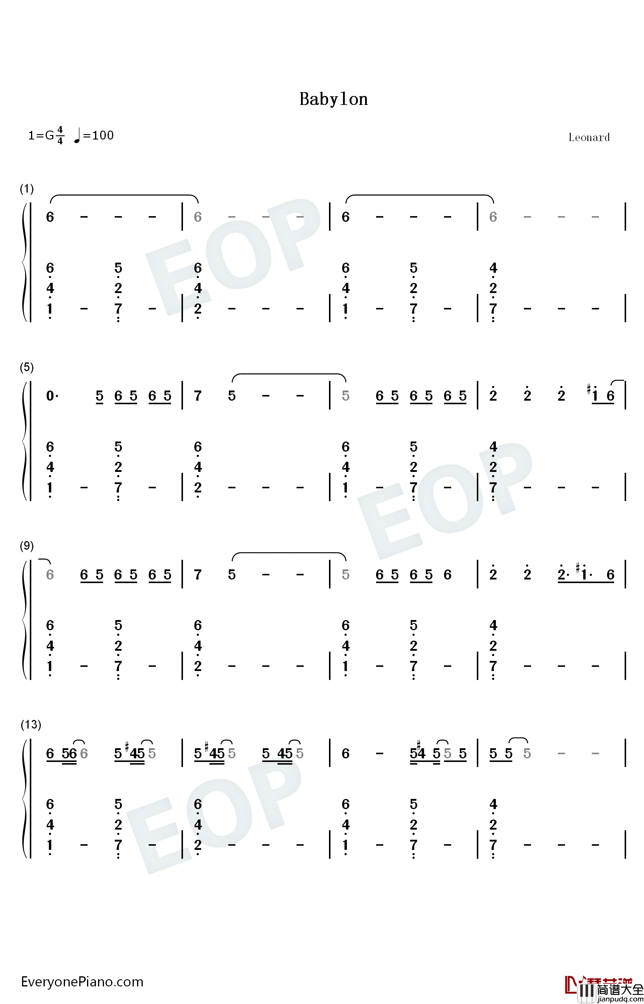 Babylon钢琴简谱_数字双手_Lady_Gaga