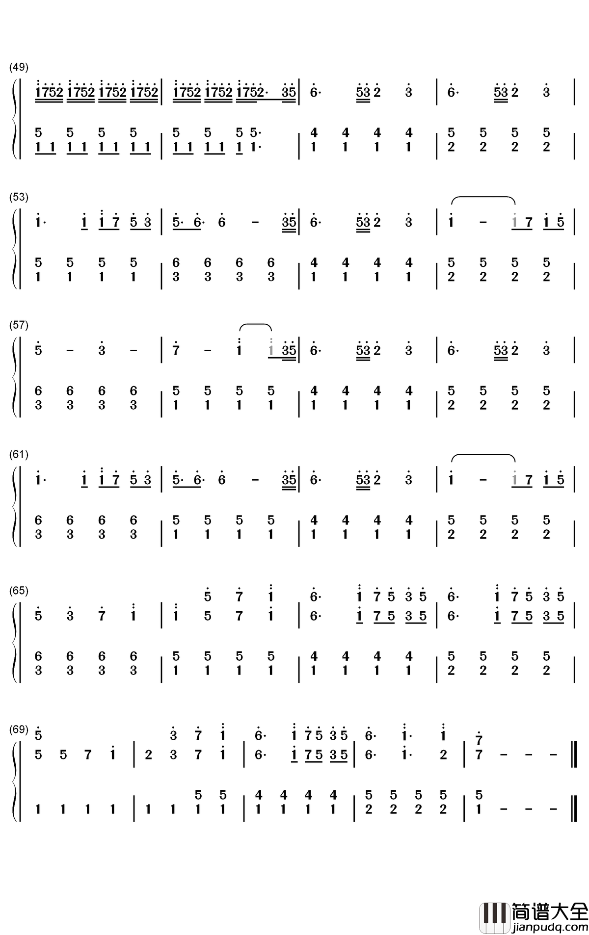 春弦钢琴简谱_数字双手_横山克