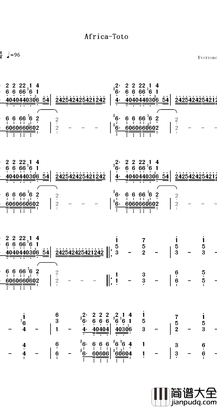 Africa钢琴简谱_数字双手_Toto