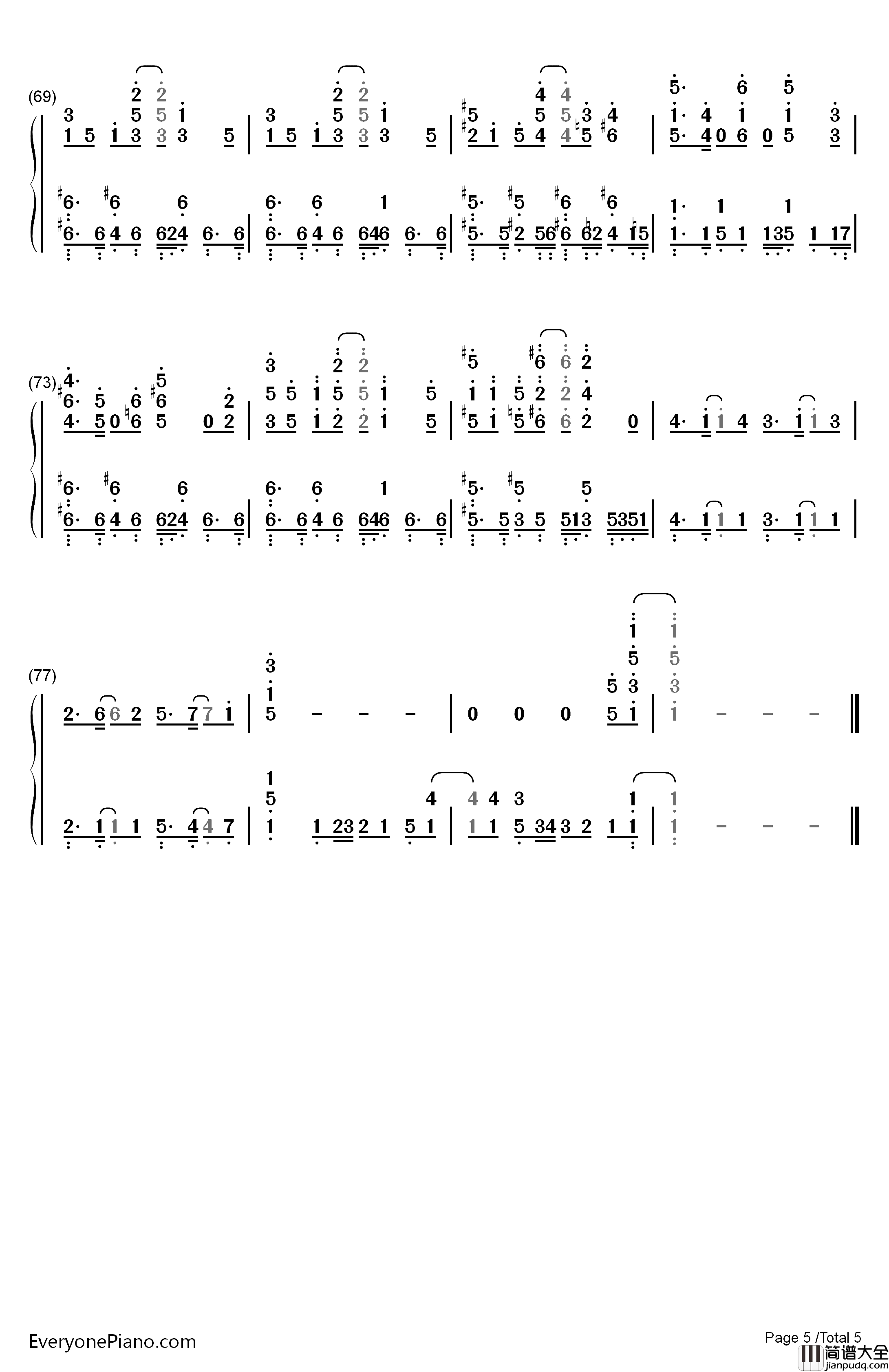 イコール钢琴简谱_数字双手_Sumika