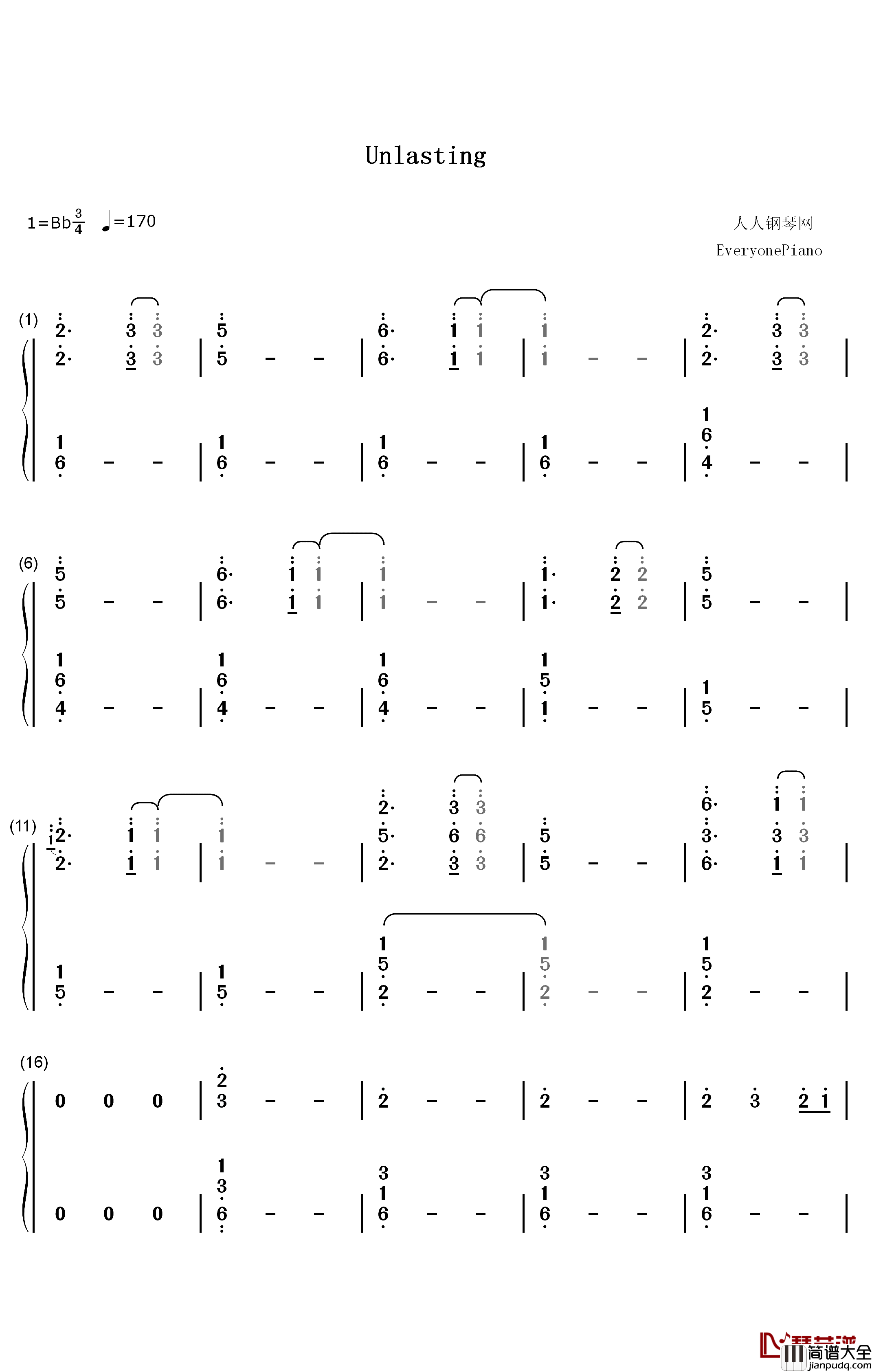 Unlasting钢琴简谱_数字双手_LiSA