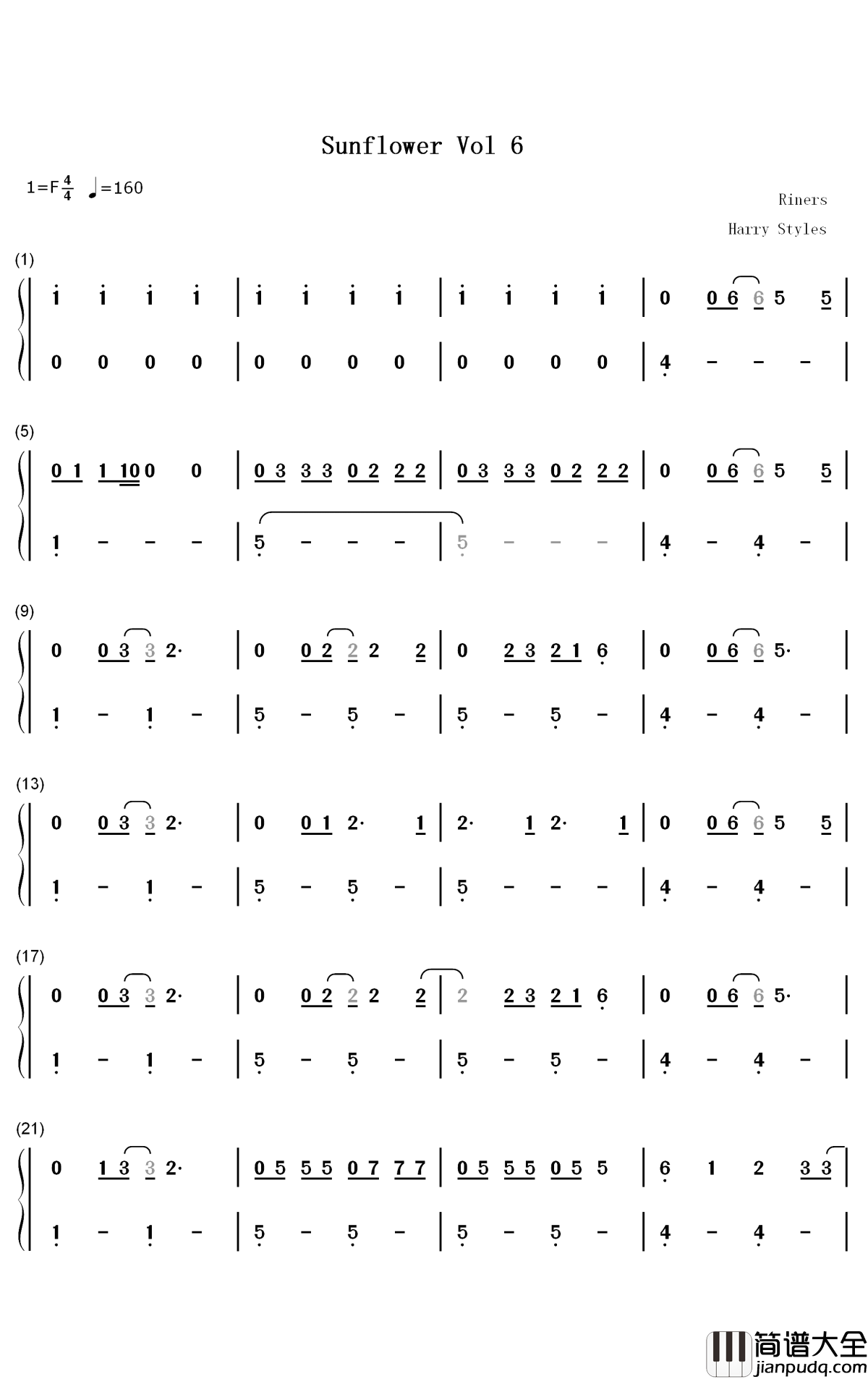 Sunflower_Vol_6钢琴简谱_数字双手_Harry_Styles