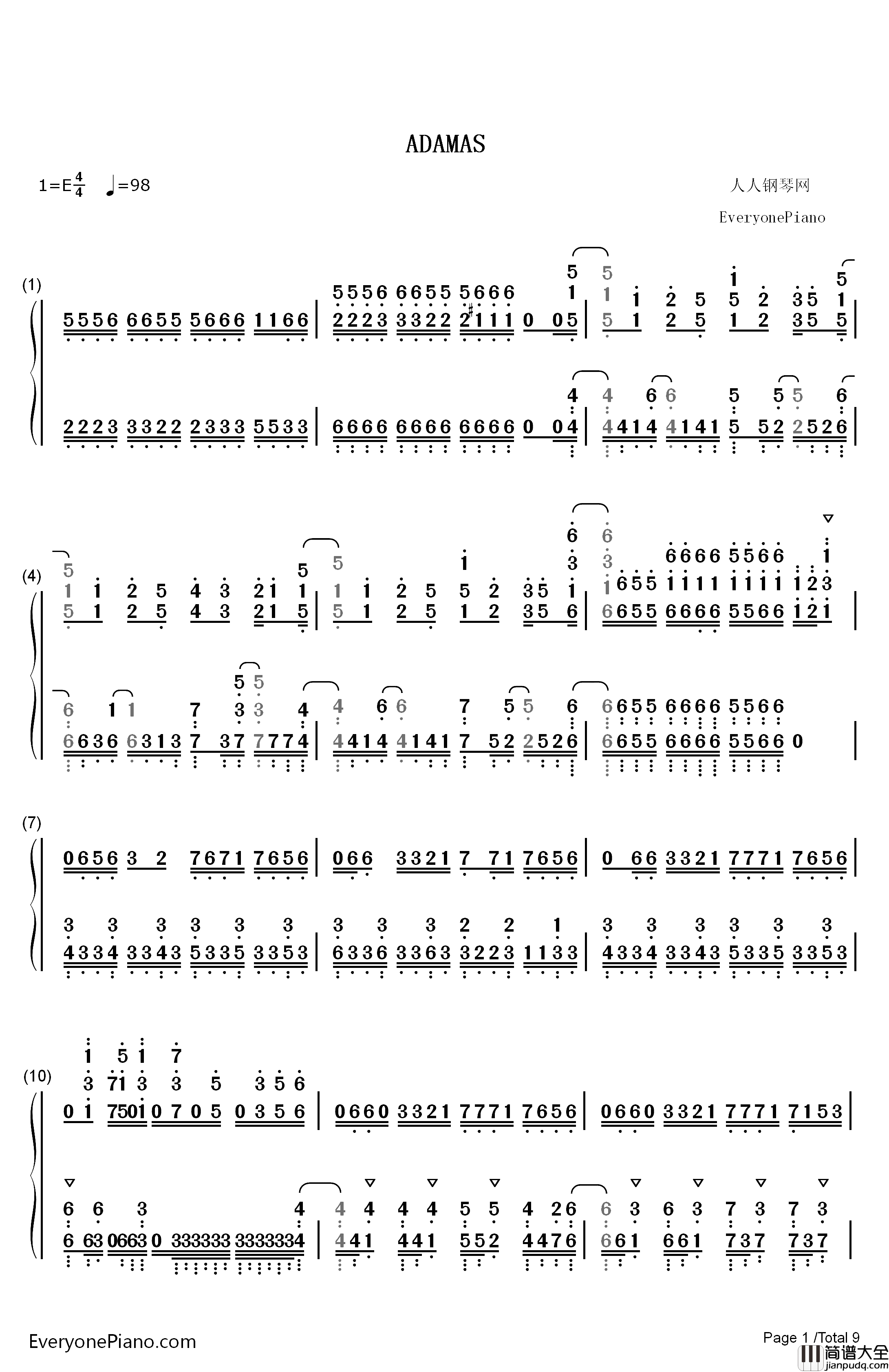 ADAMAS钢琴简谱_数字双手_LiSA