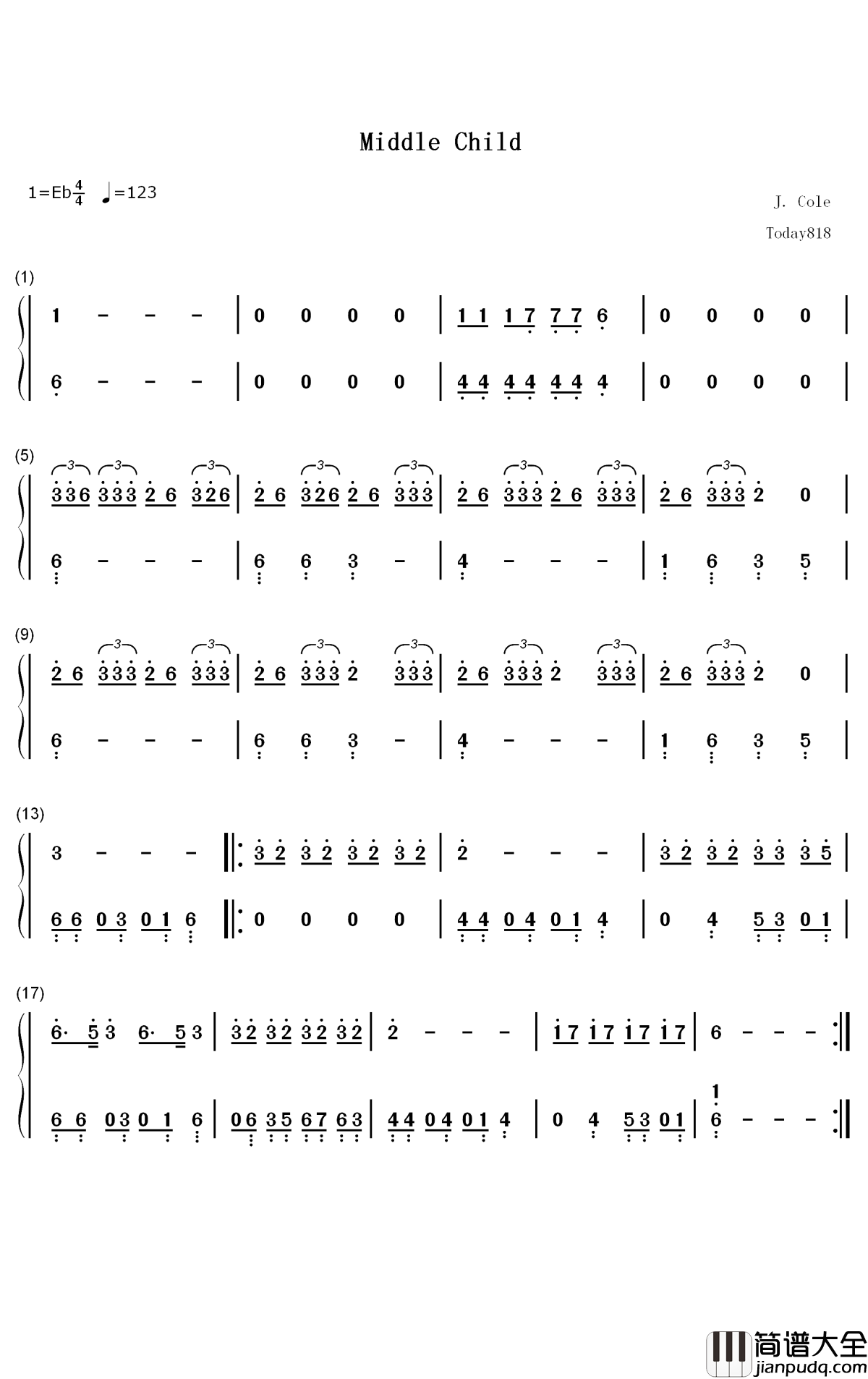 Middle_Child钢琴简谱_J._Cole歌曲_数字双手曲谱