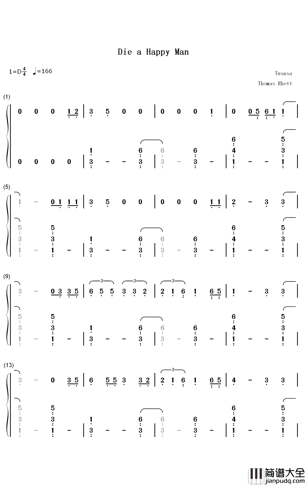 Die_a_Happy_Man钢琴简谱_数字双手_Thomas_Rhett