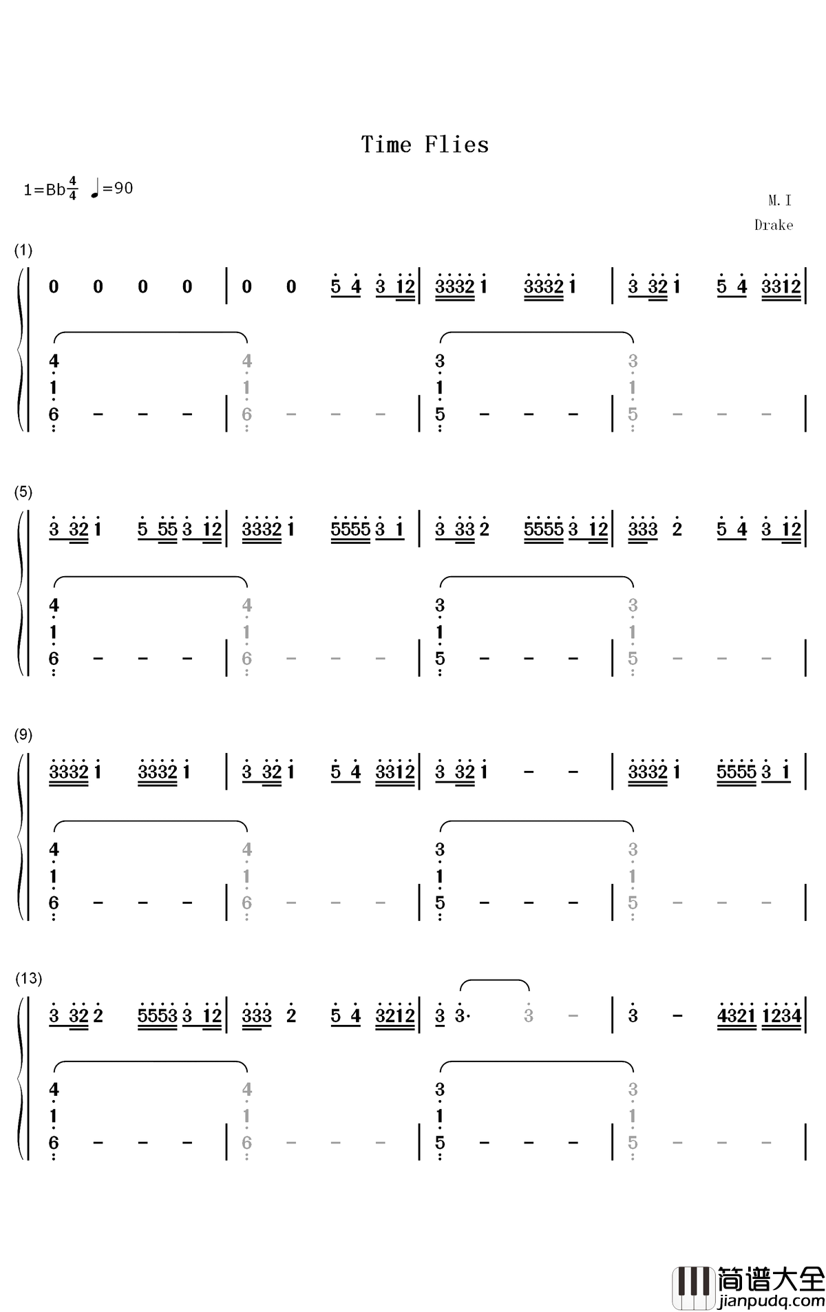 Time_Flies钢琴简谱_数字双手_Drake