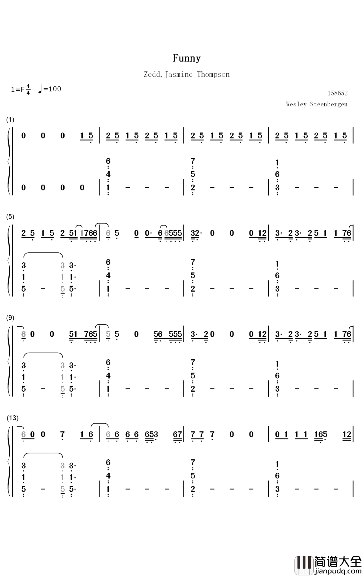 Funny钢琴简谱_数字双手_Zedd_Jasmine_Thompson