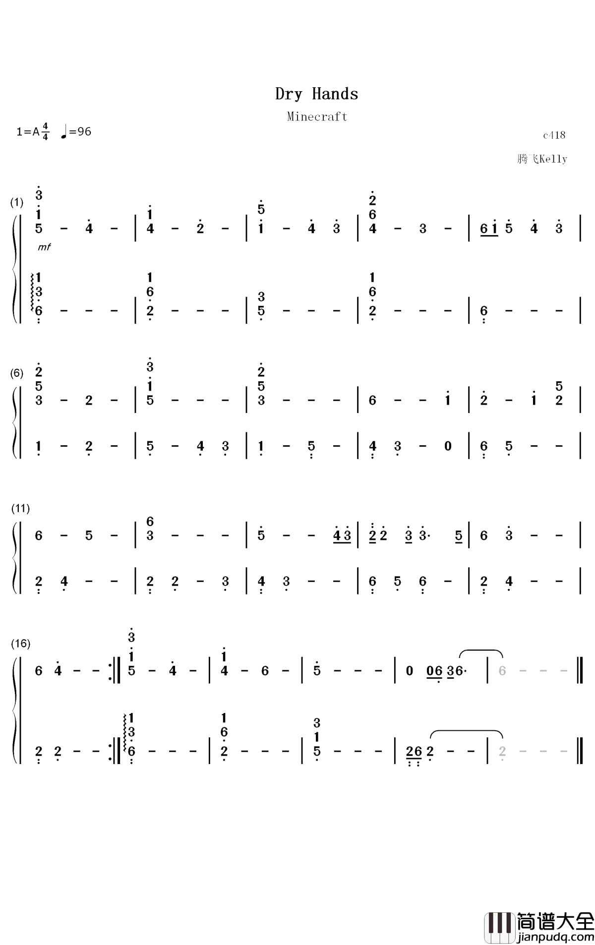 Dry_Hands钢琴简谱_C418歌曲_数字双手曲谱