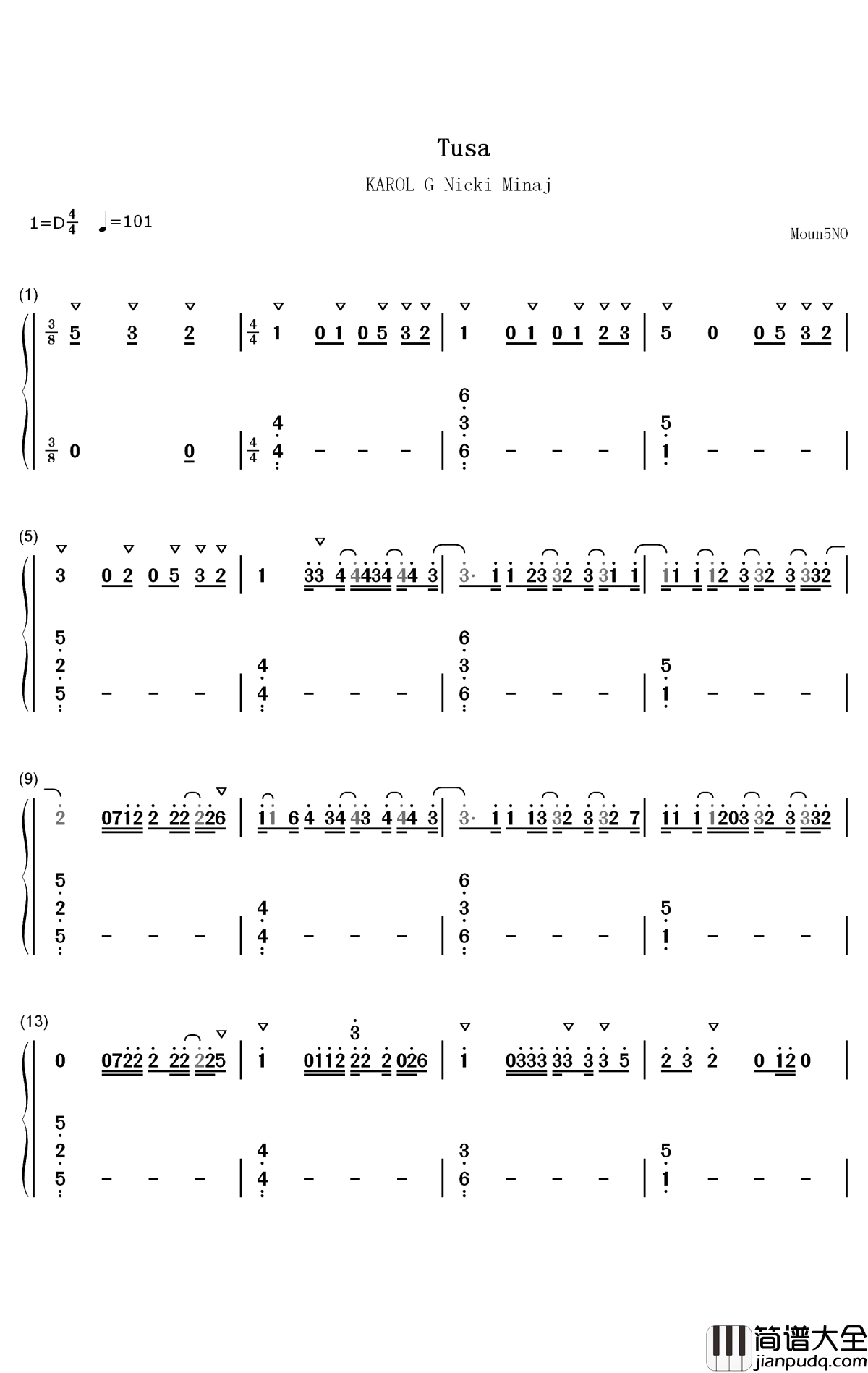 Tusa钢琴简谱_数字双手_Karol_G_Nicki_Minaj
