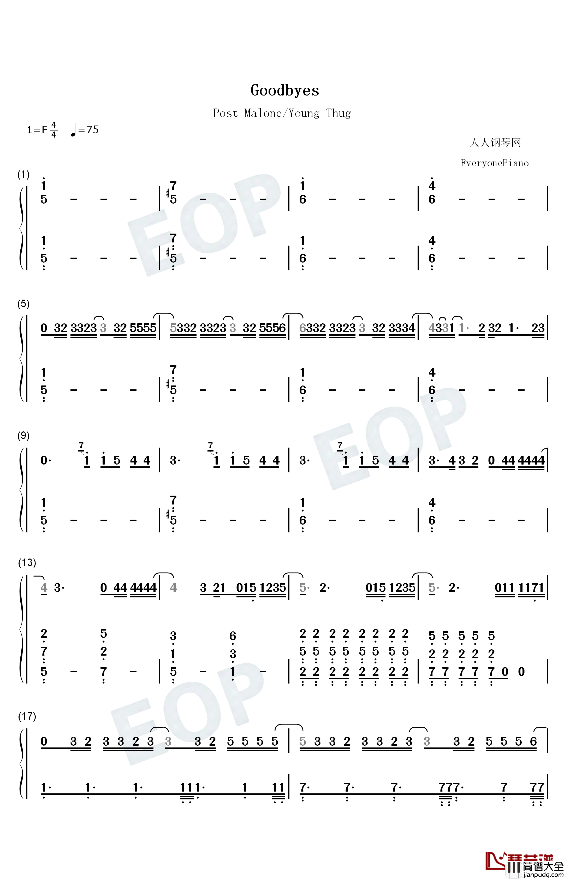 Goodbyes钢琴简谱_数字双手_Post_Malone_Young_Thug