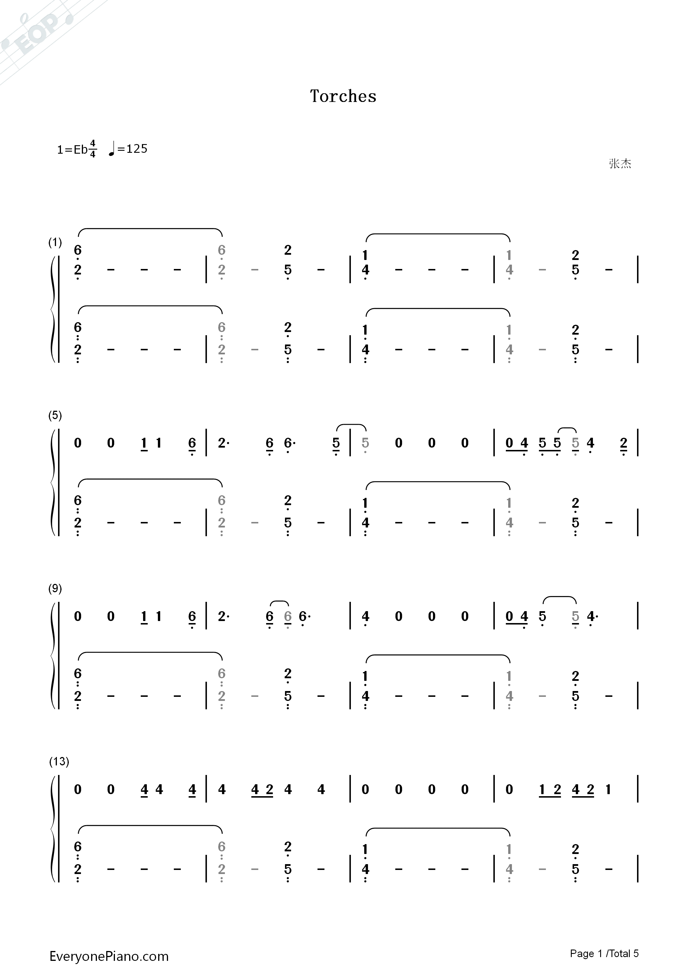 Torches钢琴简谱_张杰演唱