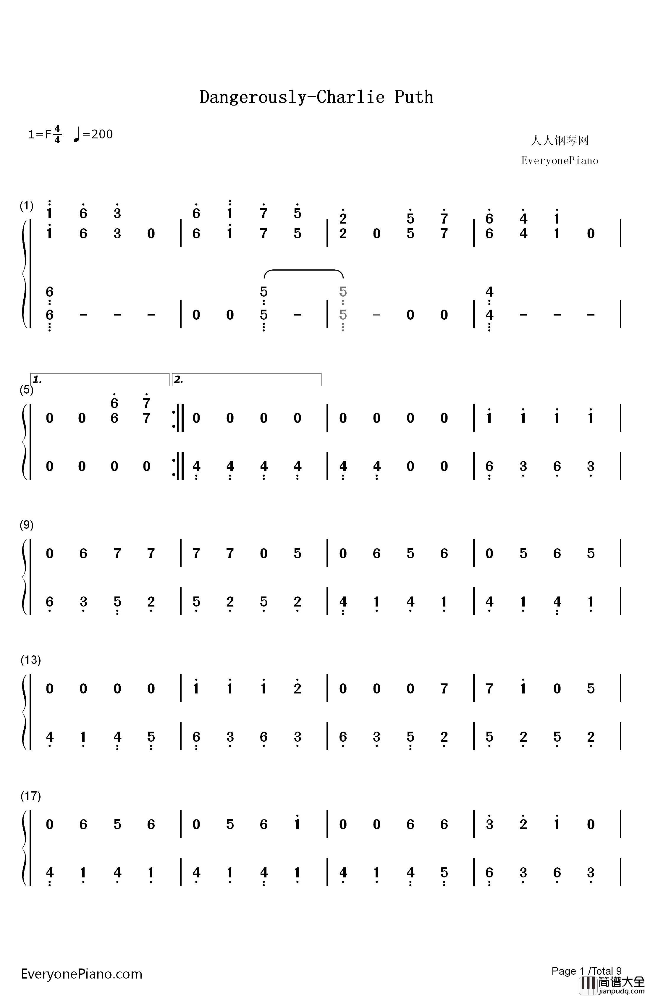 Dangerously钢琴简谱_数字双手_Charlie_Puth