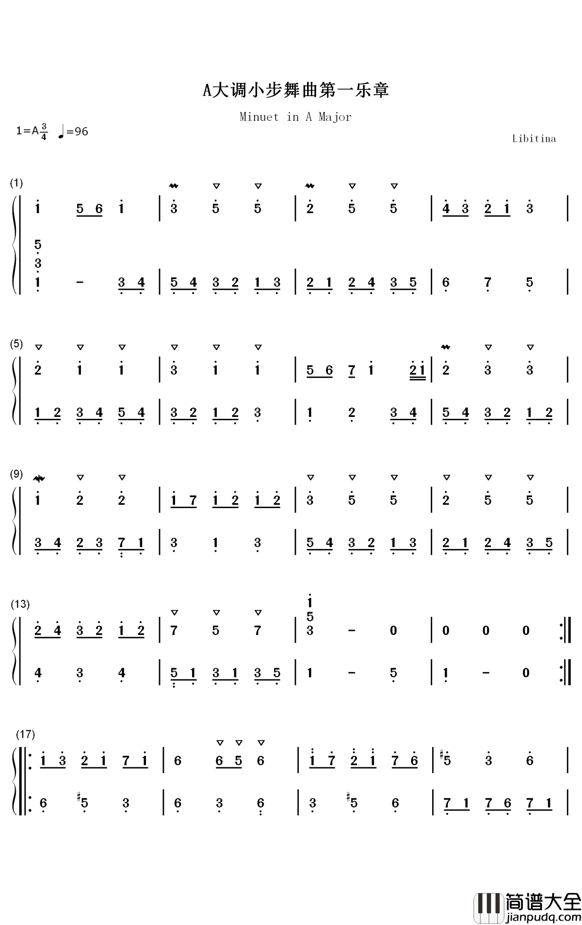 A大调小步舞曲钢琴简谱_数字双手_IDW哒