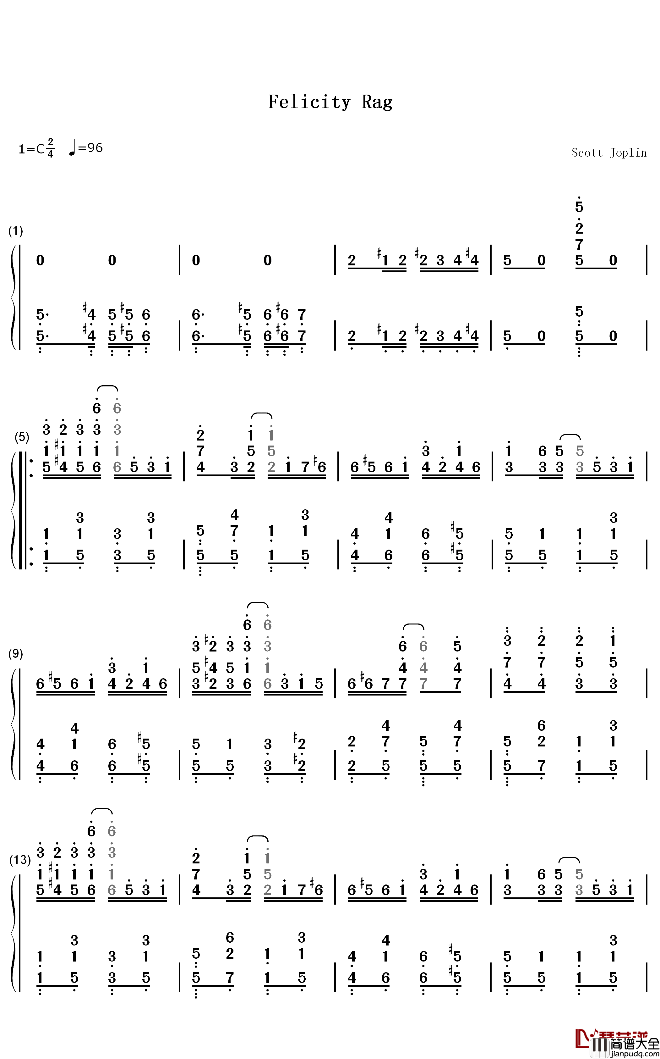 Felicity_Rag钢琴简谱_数字双手_Scott_Joplin